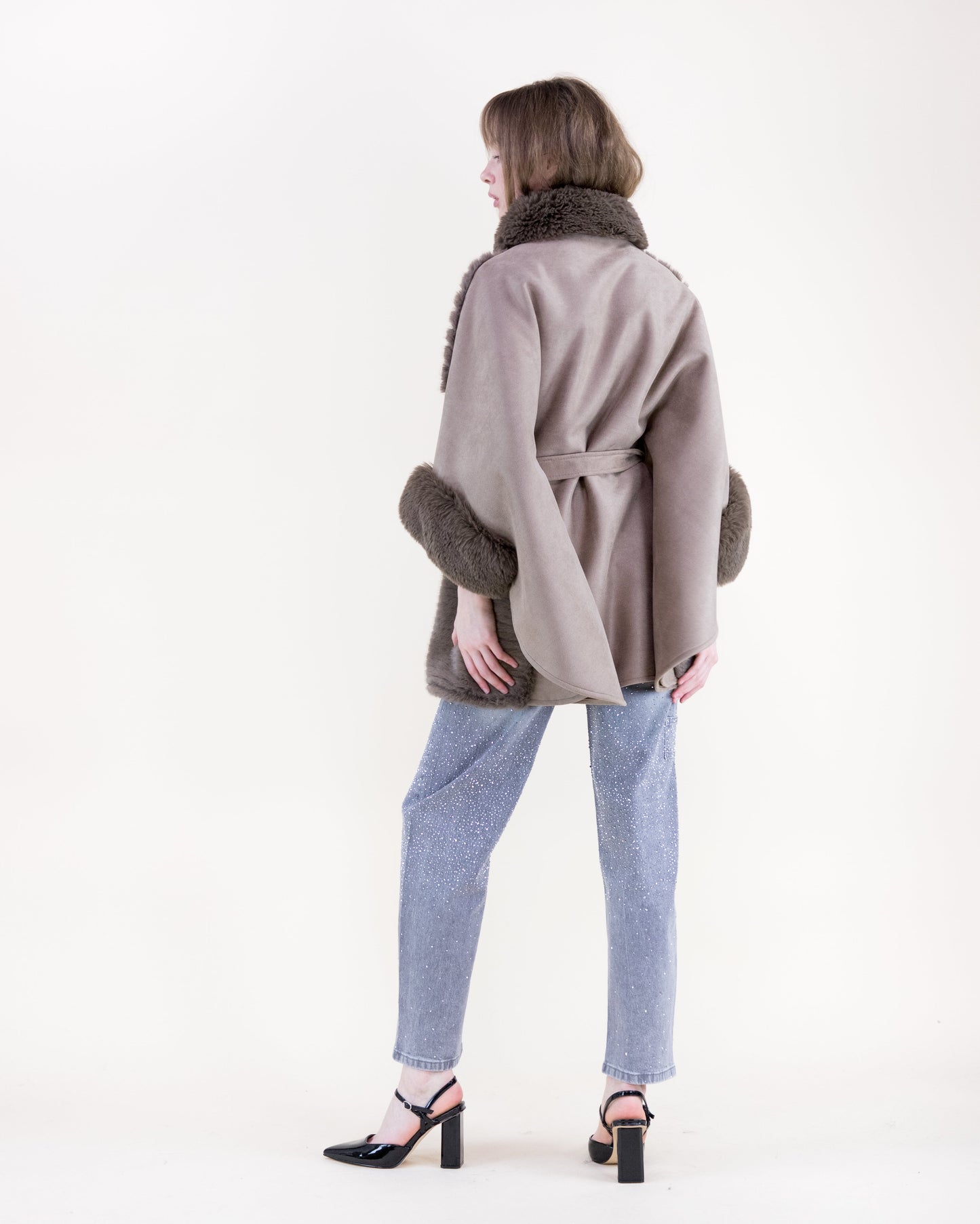 Suede Belted Cape w/ Ribbed Fur & Neck Toggle