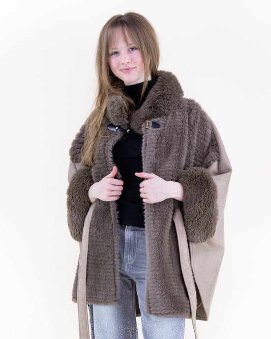 Suede Belted Cape w/ Ribbed Fur & Neck Toggle