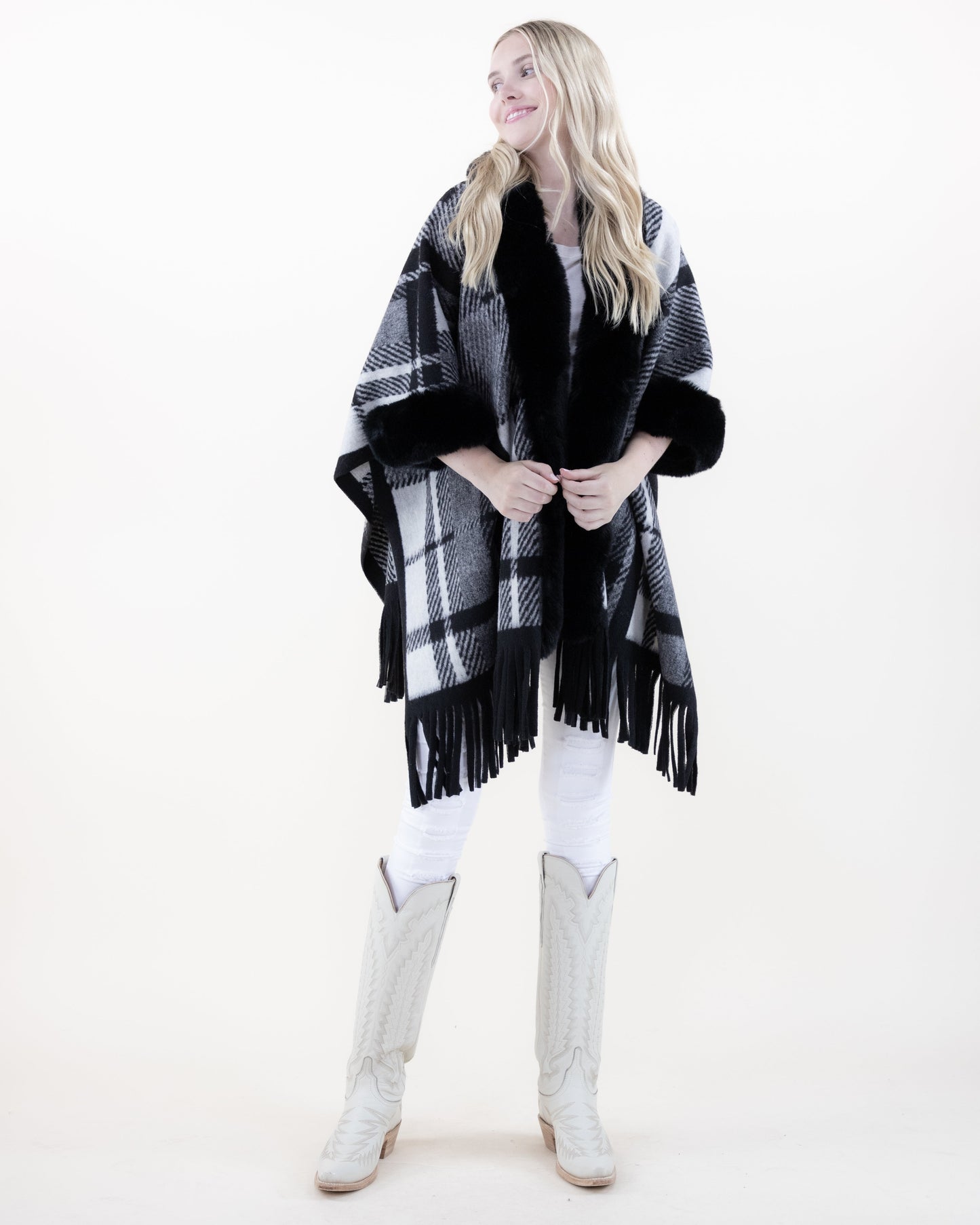 Broken Plaid Lines Faux Fur Cape w/ Fringe