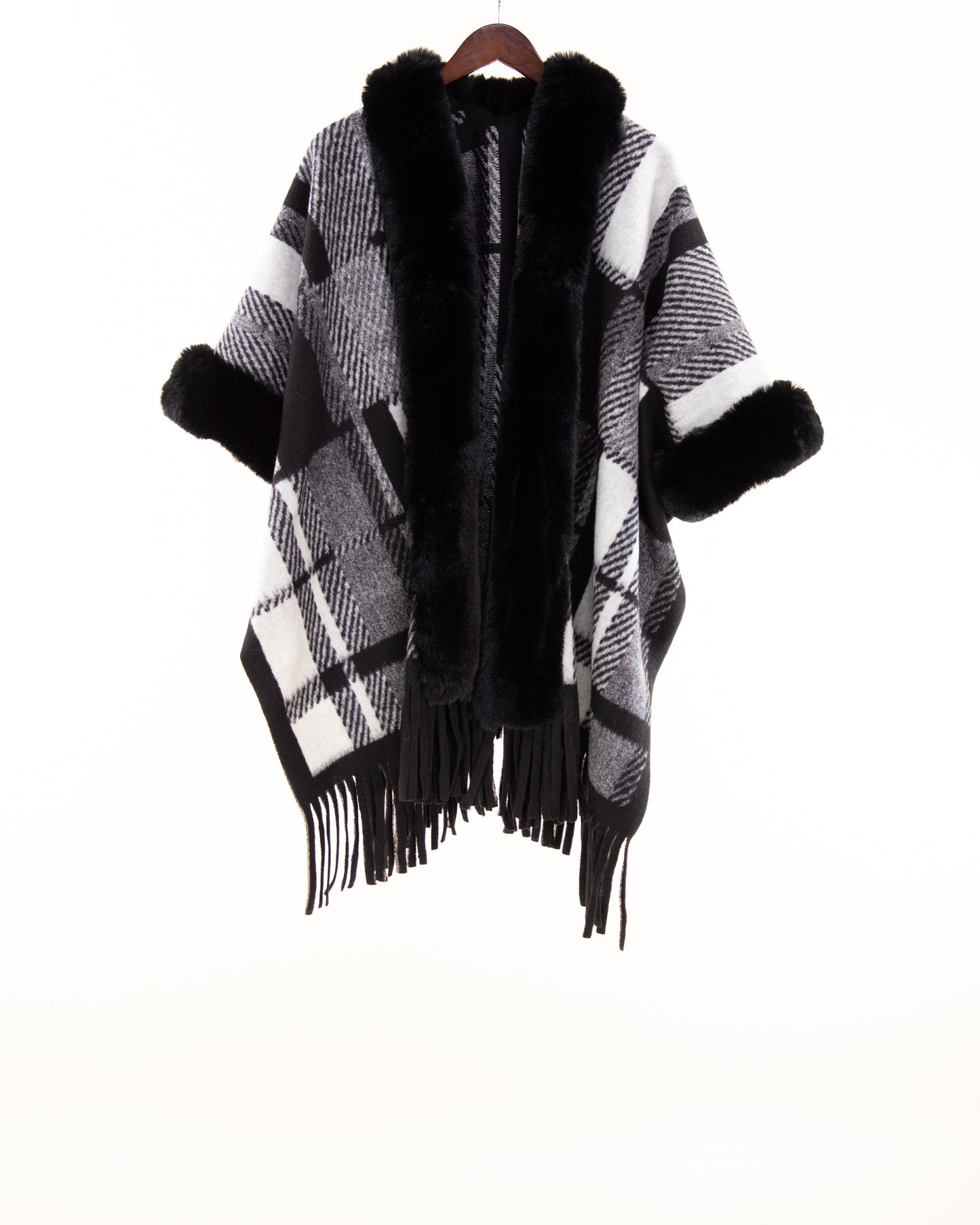 Broken Plaid Lines Faux Fur Cape w/ Fringe