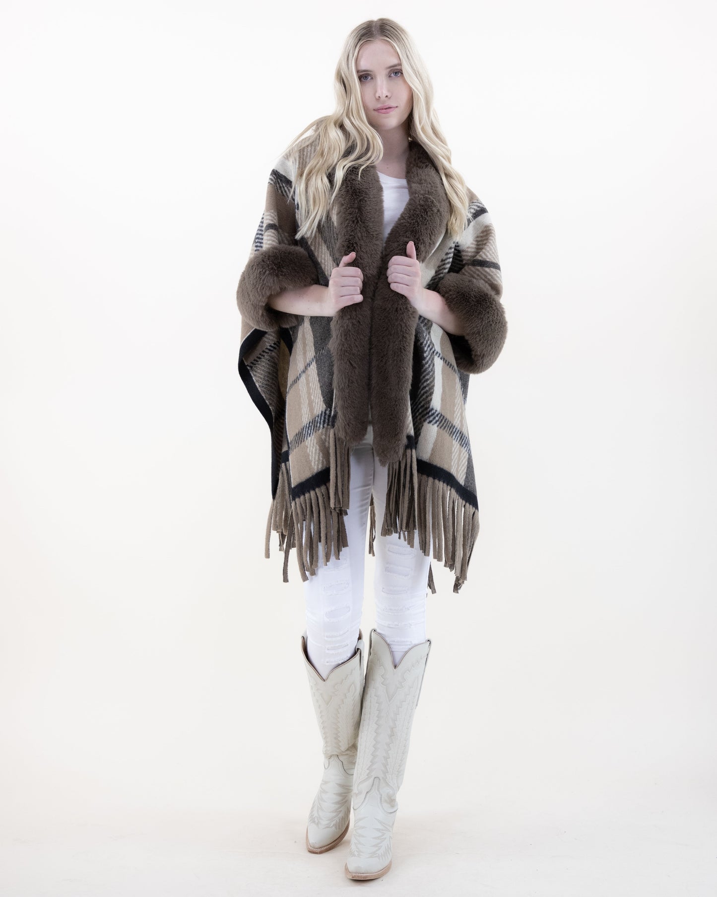 Broken Plaid Lines Faux Fur Cape w/ Fringe