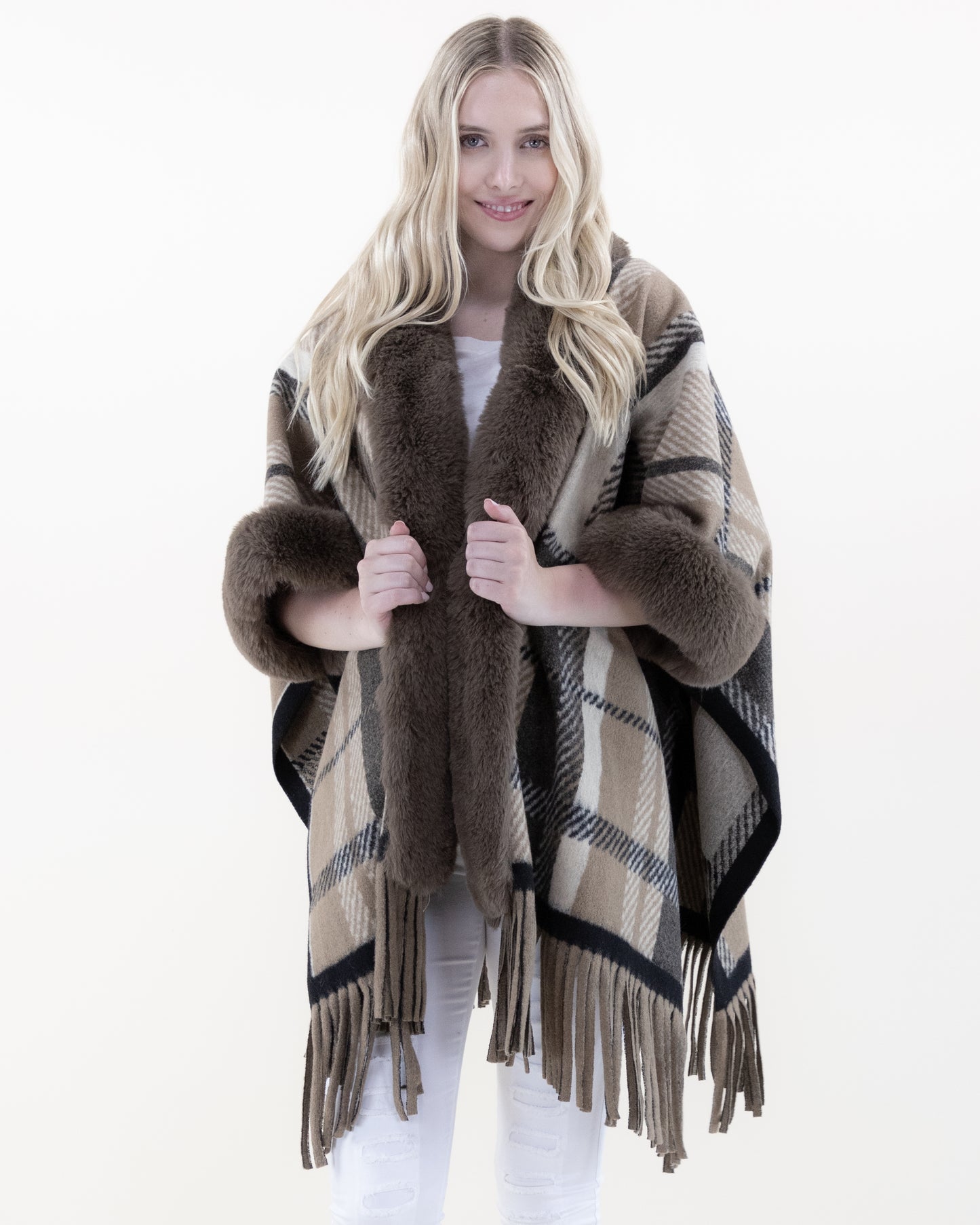 Broken Plaid Lines Faux Fur Cape w/ Fringe