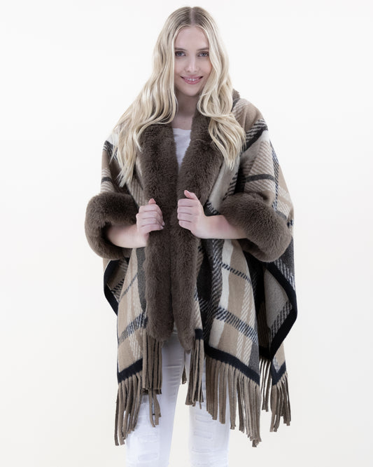 Broken Plaid Lines Faux Fur Cape w/ Fringe