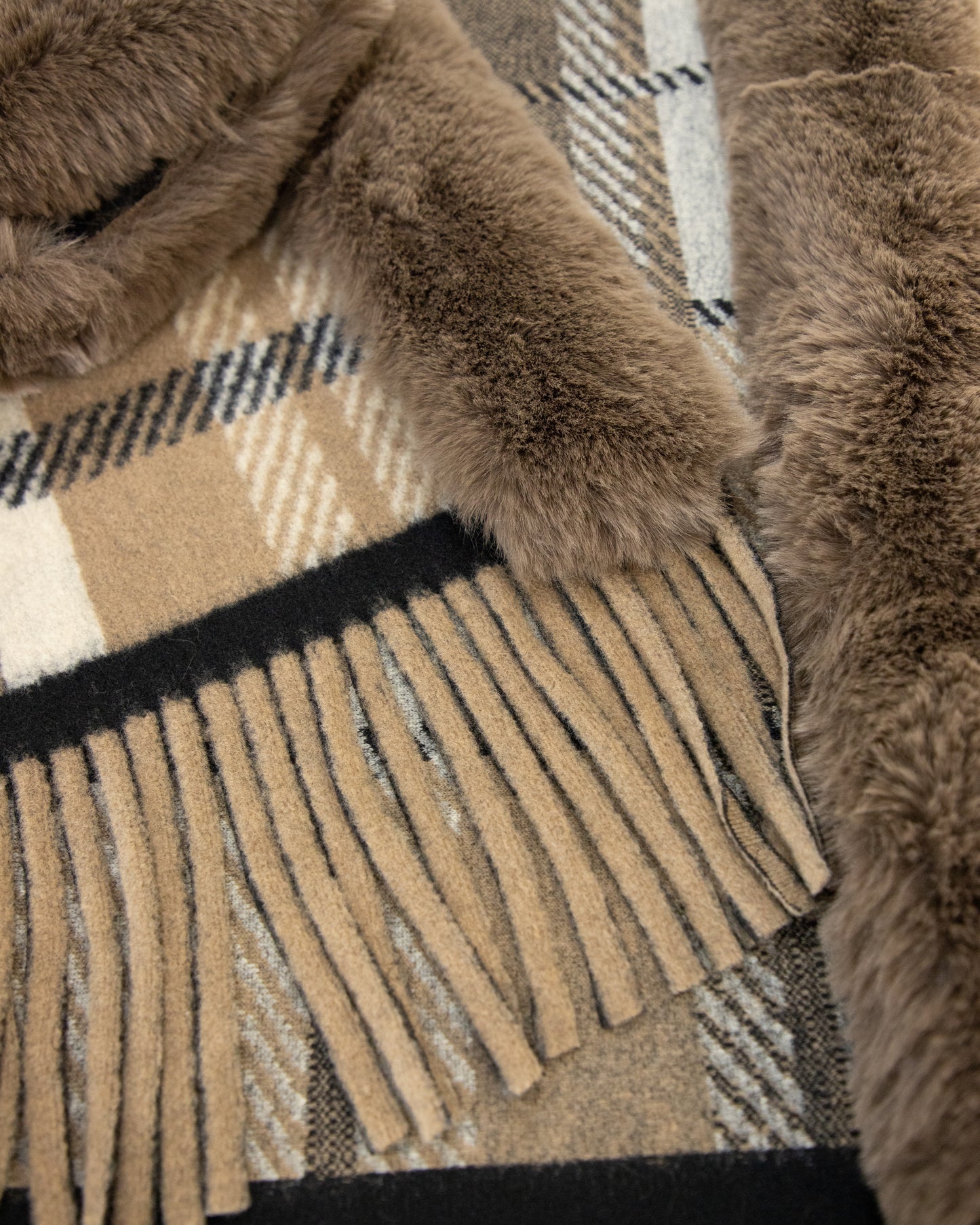 Broken Plaid Lines Faux Fur Cape w/ Fringe