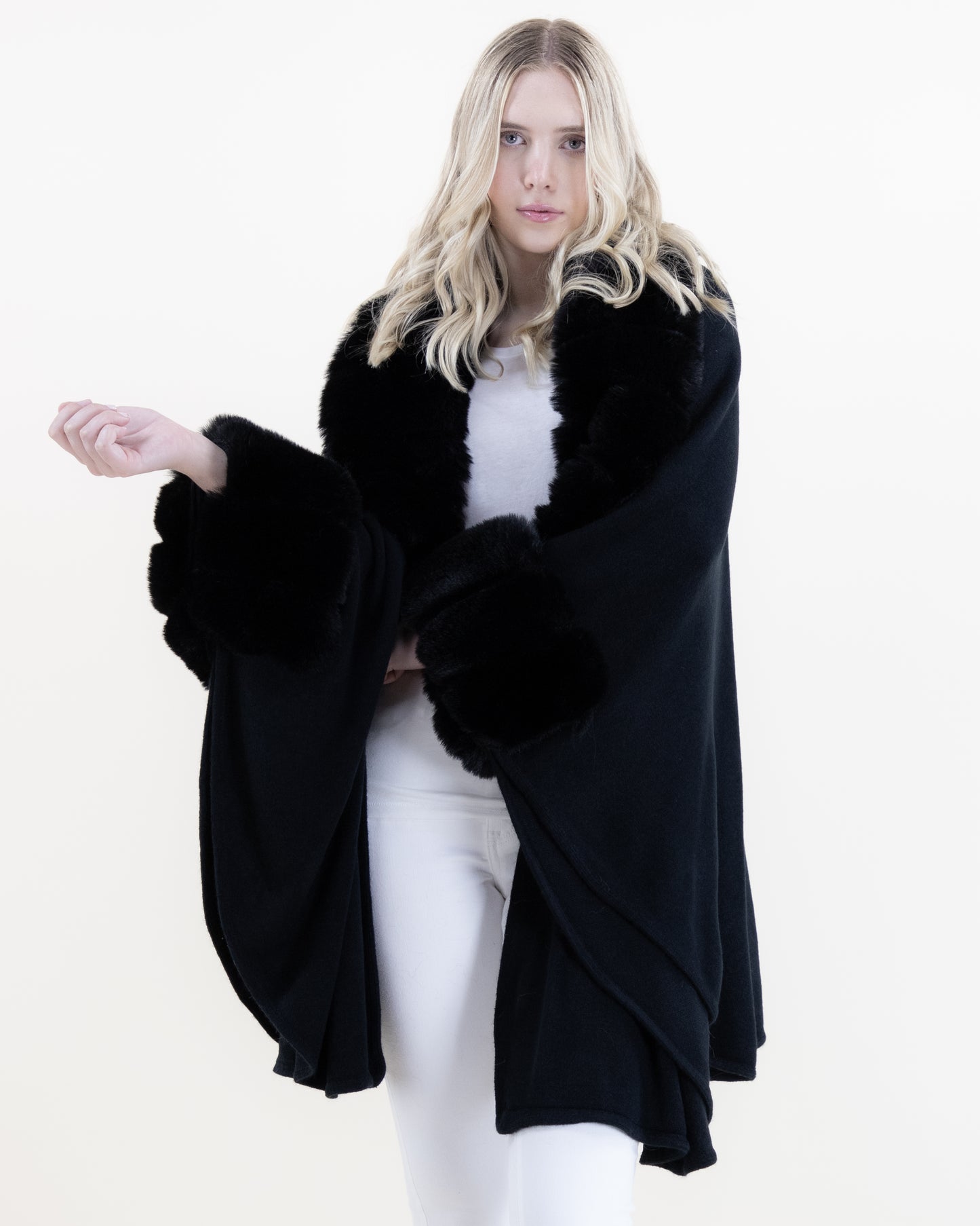 Ribbed Collar and Cuff Faux Fur Cape