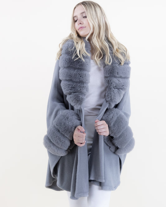 Ribbed Collar and Cuff Faux Fur Cape