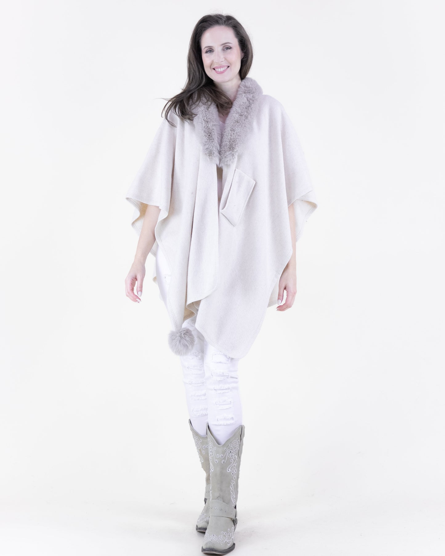 Plush Vegan Fur Trim Ruana w/ Front Cross Tuck