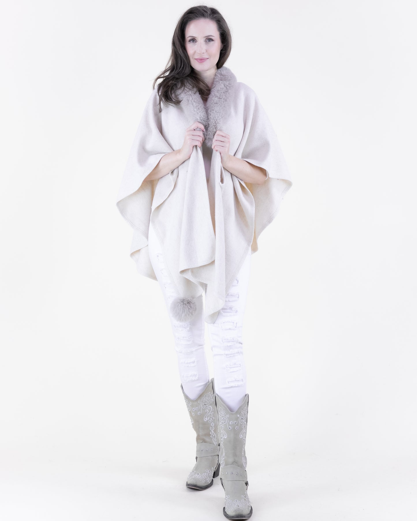 Plush Vegan Fur Trim Ruana w/ Front Cross Tuck