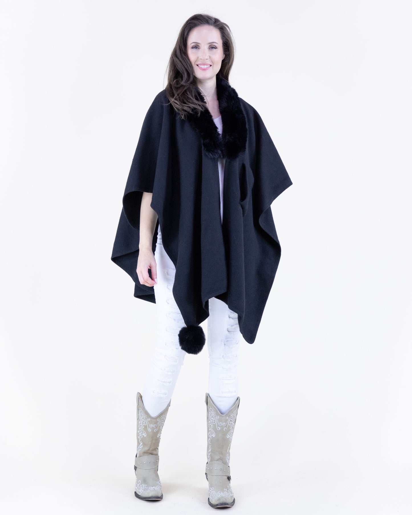Plush Vegan Fur Trim Ruana w/ Front Cross Tuck