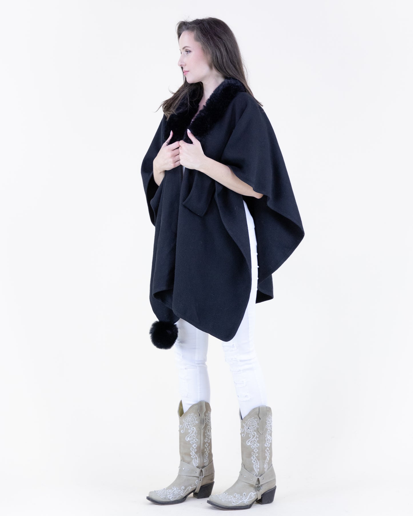 Plush Vegan Fur Trim Ruana w/ Front Cross Tuck