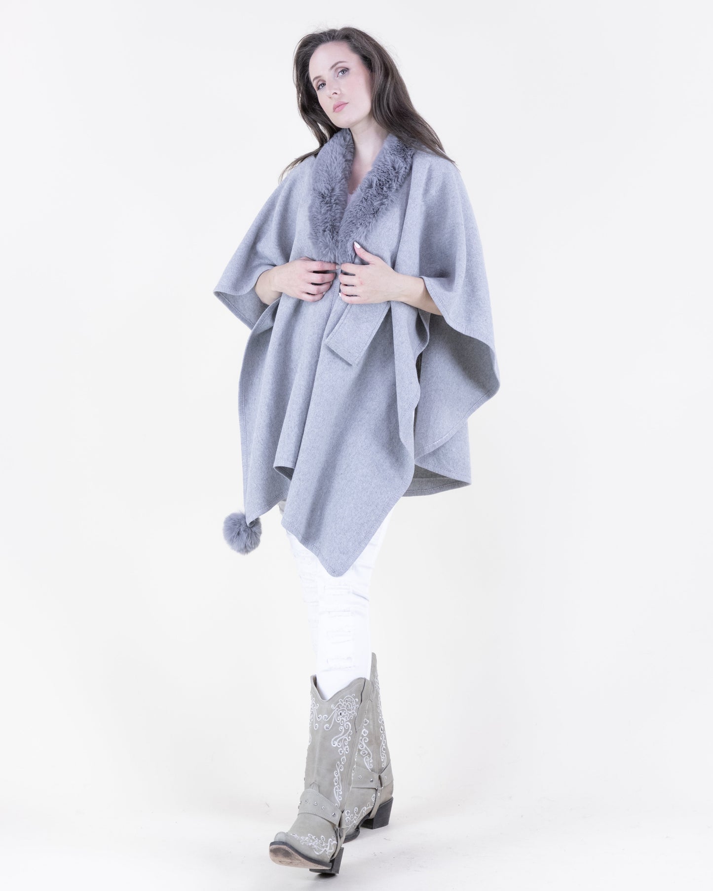 Plush Vegan Fur Trim Ruana w/ Front Cross Tuck