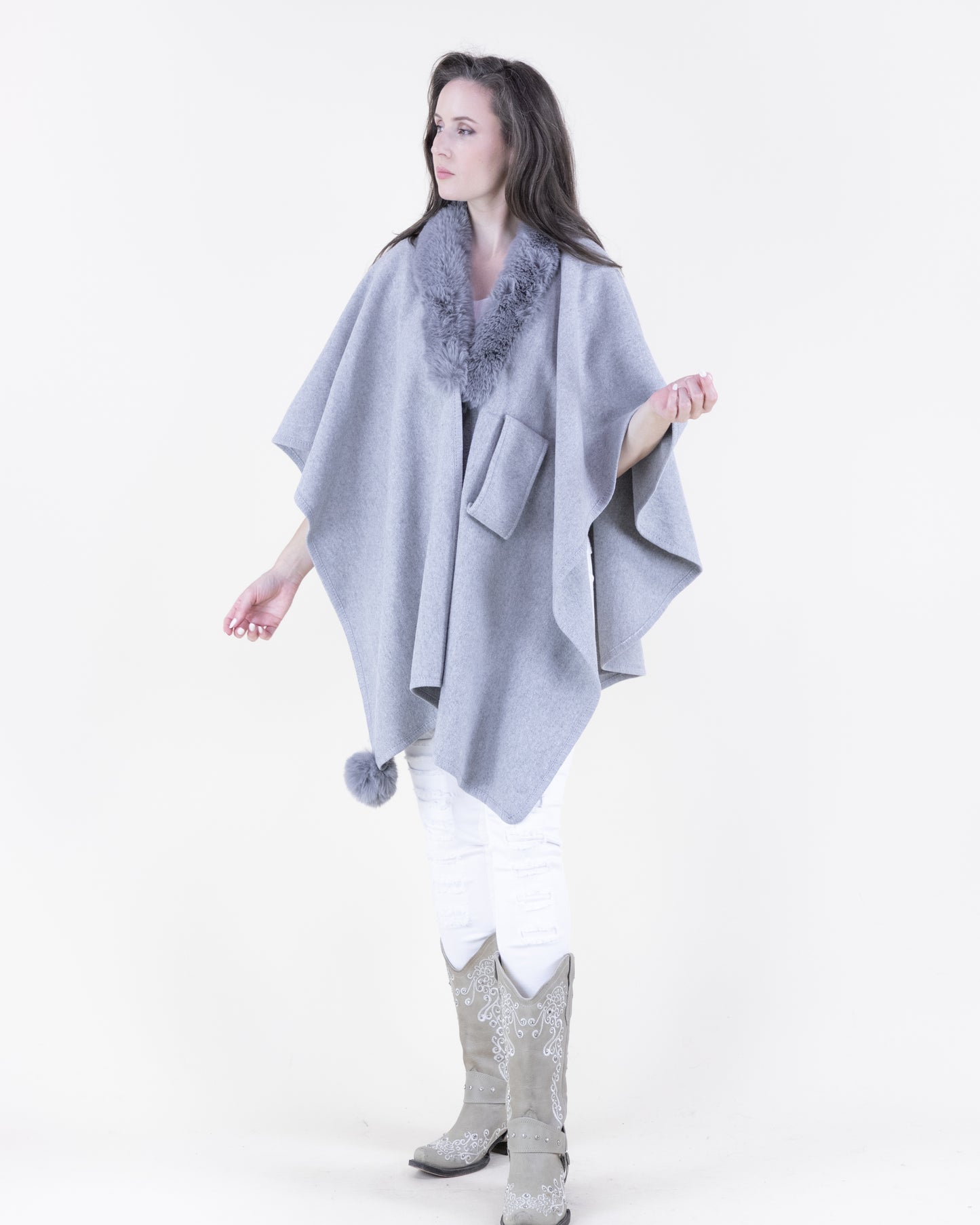 Plush Vegan Fur Trim Ruana w/ Front Cross Tuck