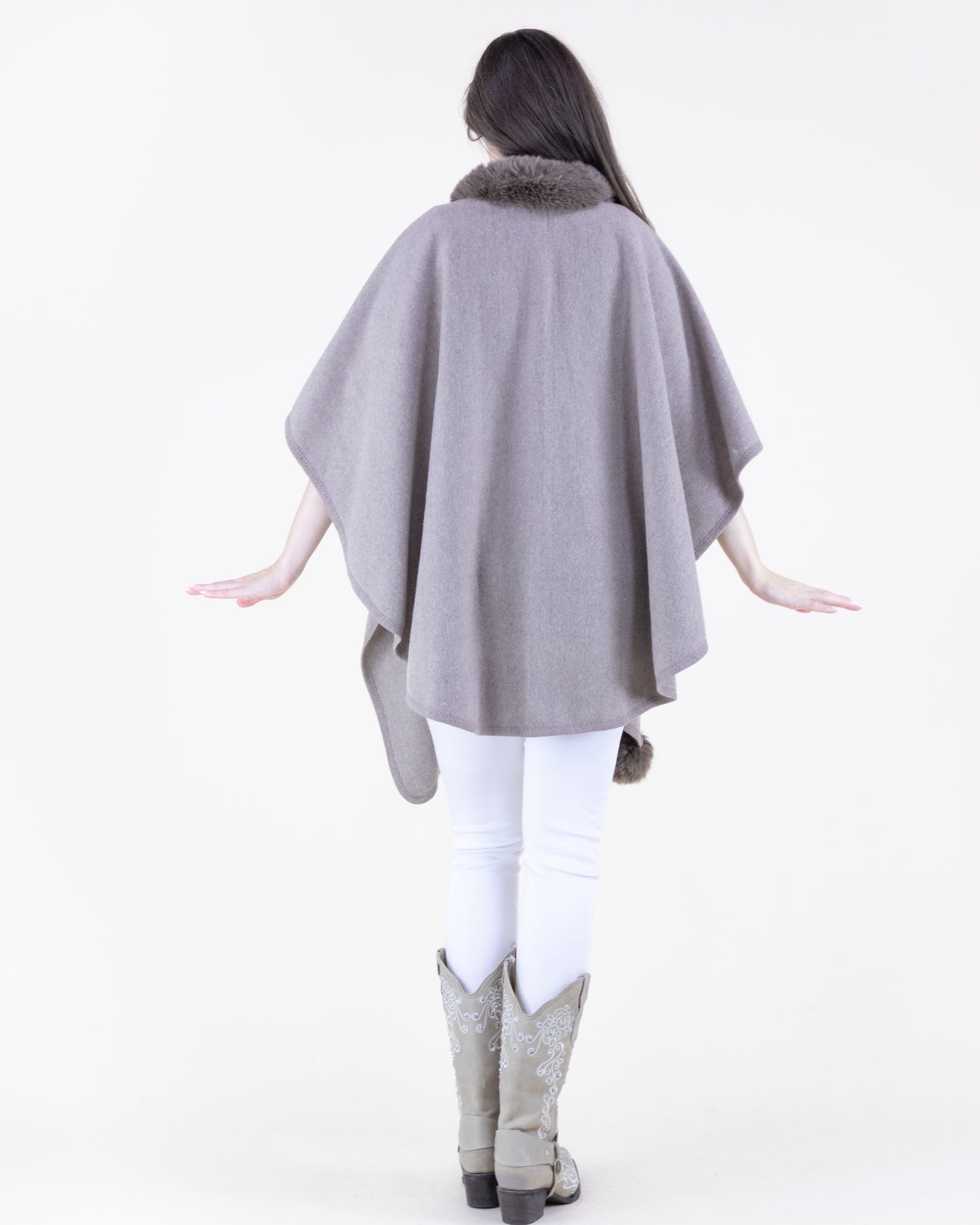 Plush Vegan Fur Trim Ruana w/ Front Cross Tuck