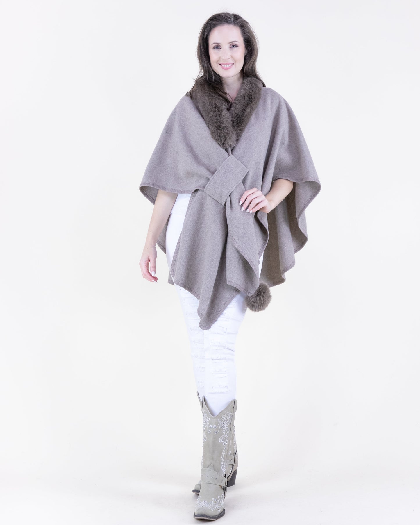 Plush Vegan Fur Trim Ruana w/ Front Cross Tuck