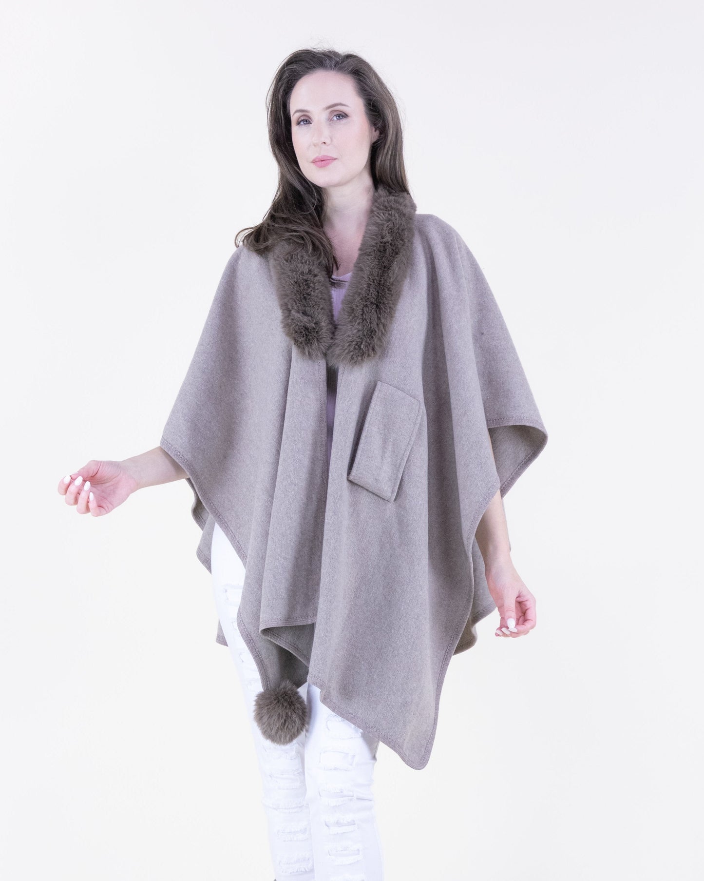 Plush Vegan Fur Trim Ruana w/ Front Cross Tuck