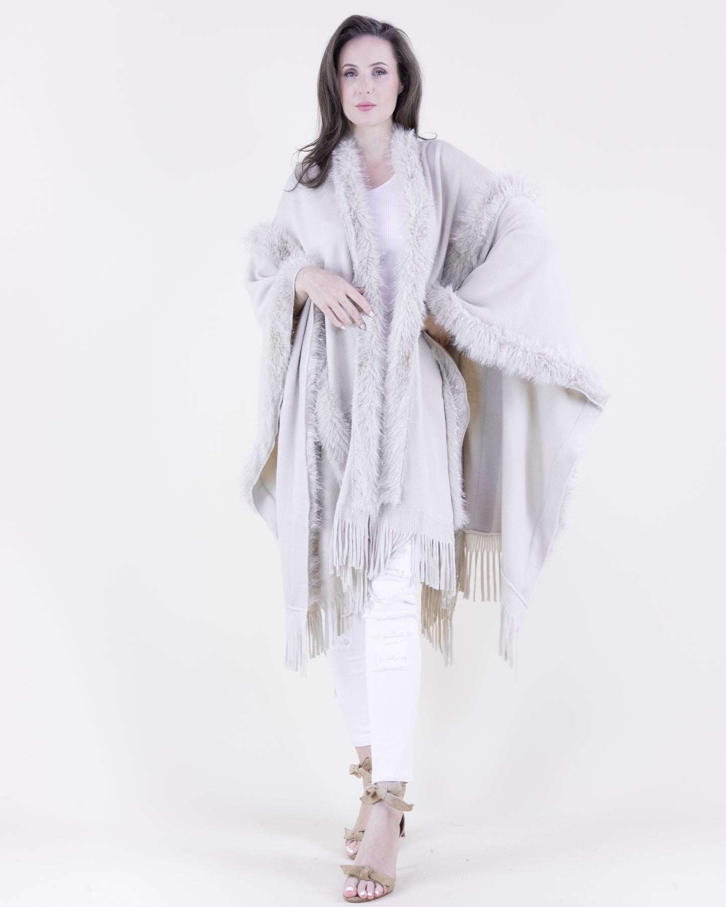 Vertical Tinsel Vegan Fur Trim Cape w/ Fringe