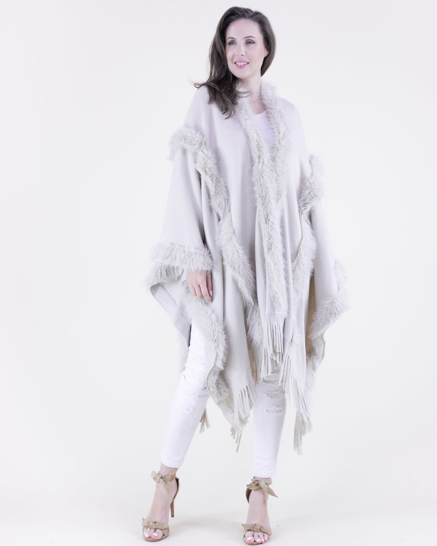 Vertical Tinsel Vegan Fur Trim Cape w/ Fringe