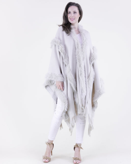 Vertical Tinsel Vegan Fur Trim Cape w/ Fringe