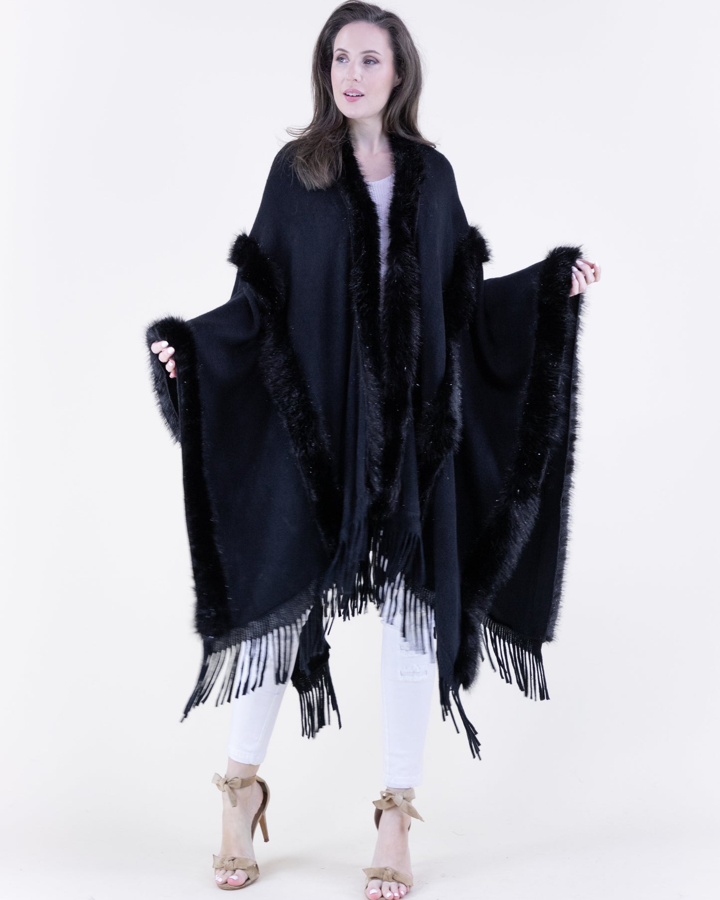 Vertical Tinsel Vegan Fur Trim Cape w/ Fringe