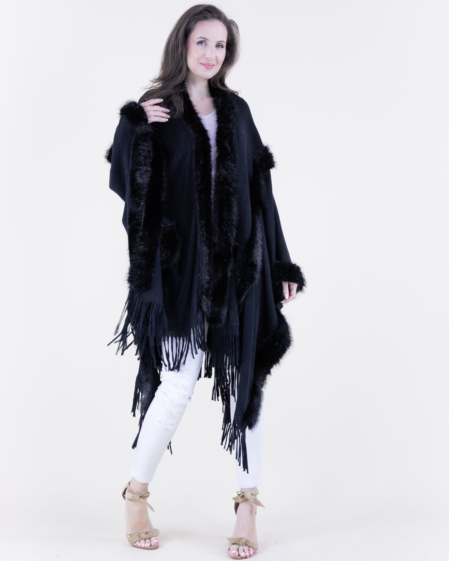 Vertical Tinsel Vegan Fur Trim Cape w/ Fringe