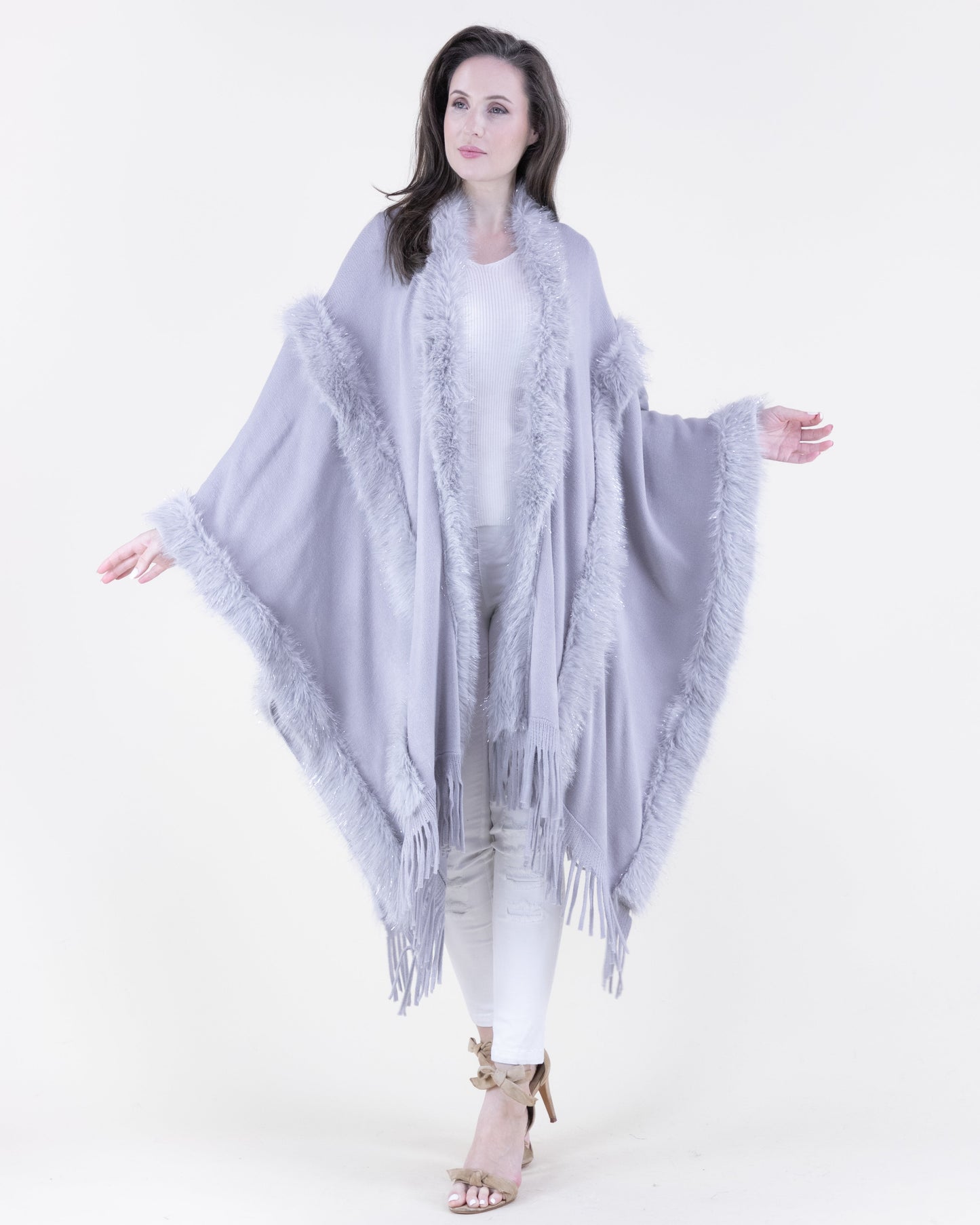 Vertical Tinsel Vegan Fur Trim Cape w/ Fringe