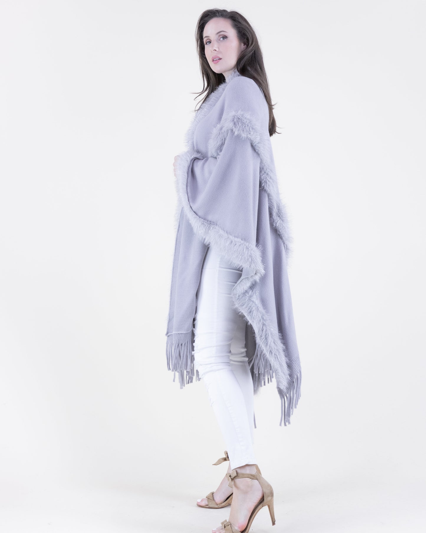 Vertical Tinsel Vegan Fur Trim Cape w/ Fringe