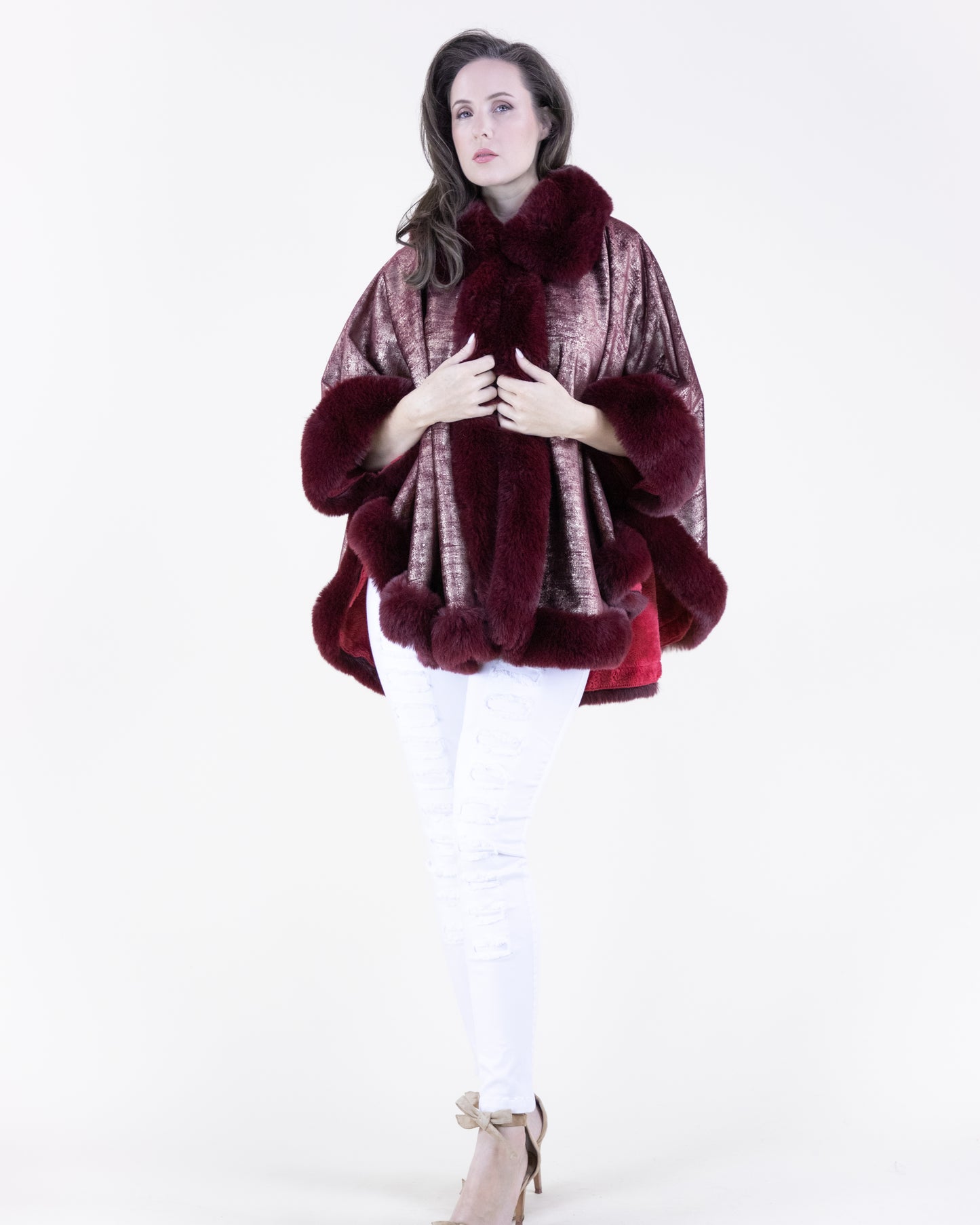 Luster Vegan Fur Trim Suede Cape