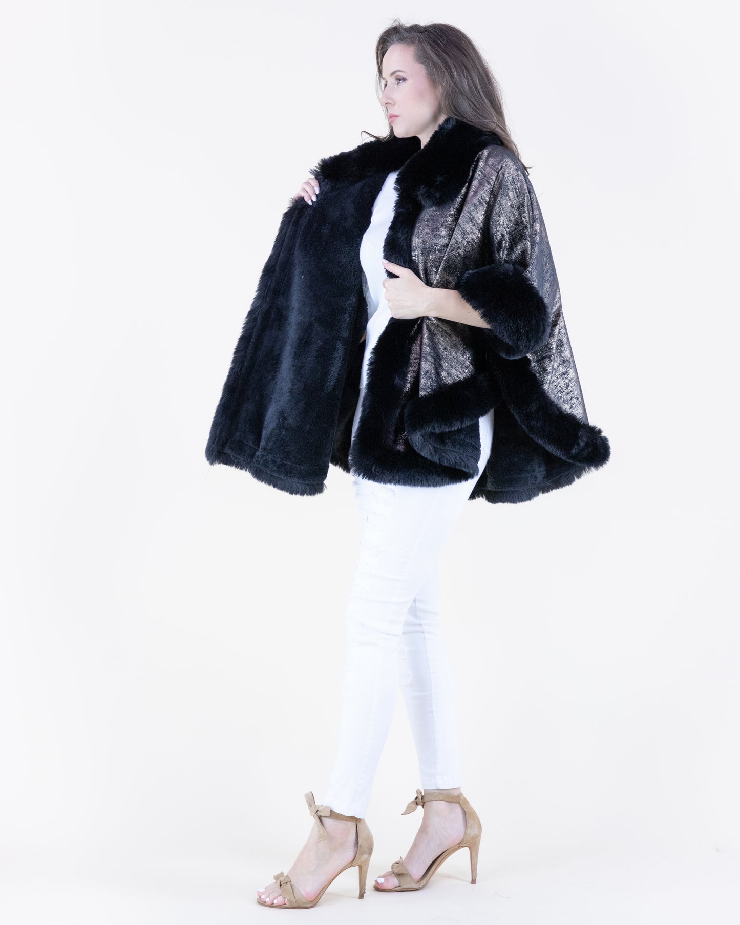 Luster Vegan Fur Trim Suede Cape