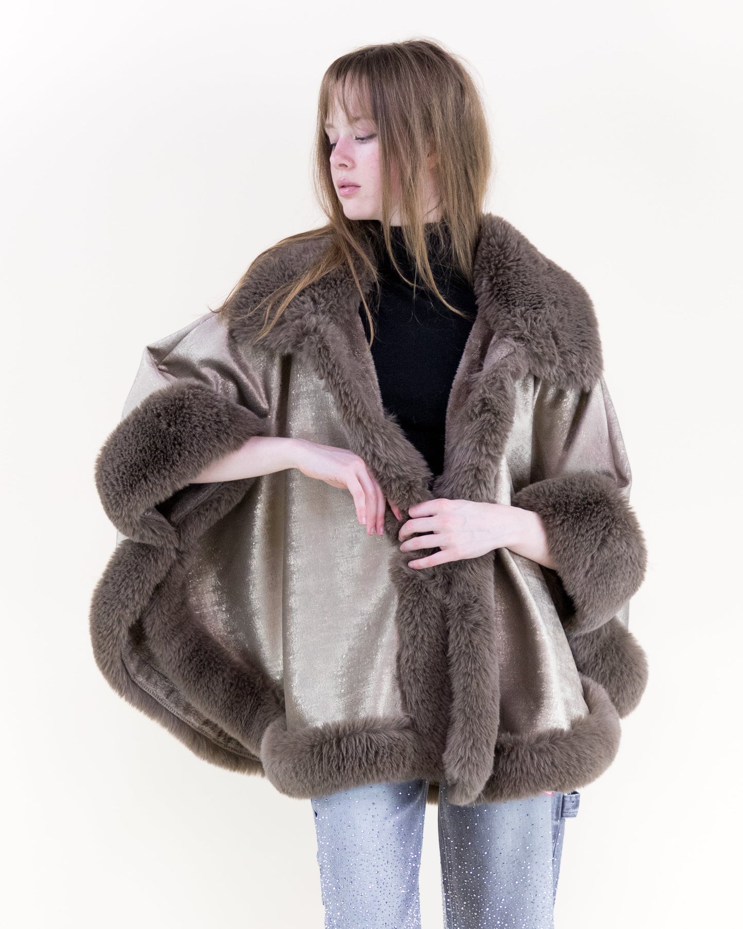 Luster Vegan Fur Trim Suede Cape