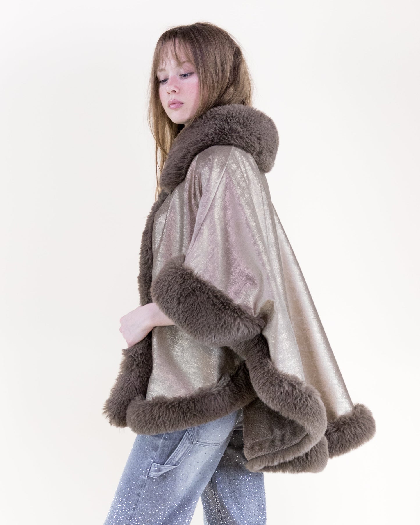 Luster Vegan Fur Trim Suede Cape
