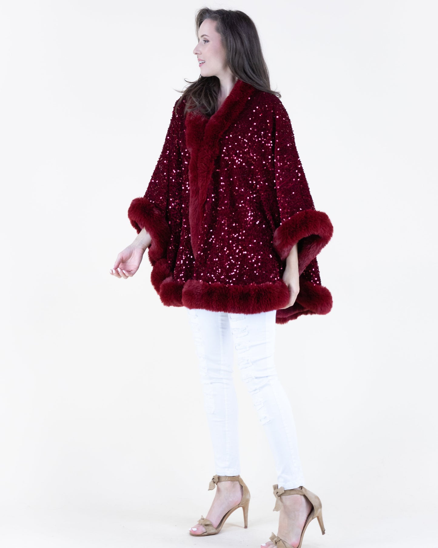 Sequin Faux Fur Trim Cape