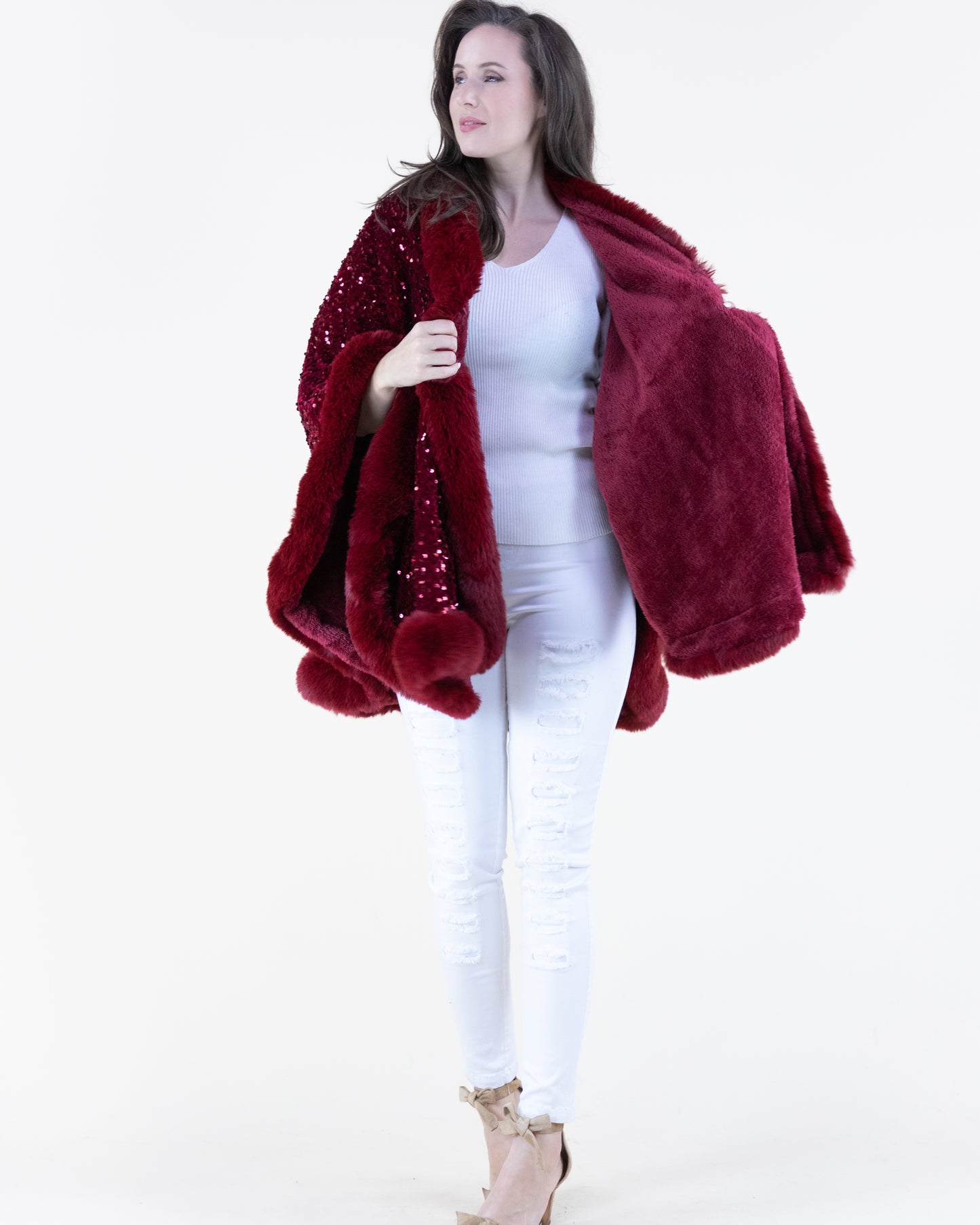 Sequin Faux Fur Trim Cape