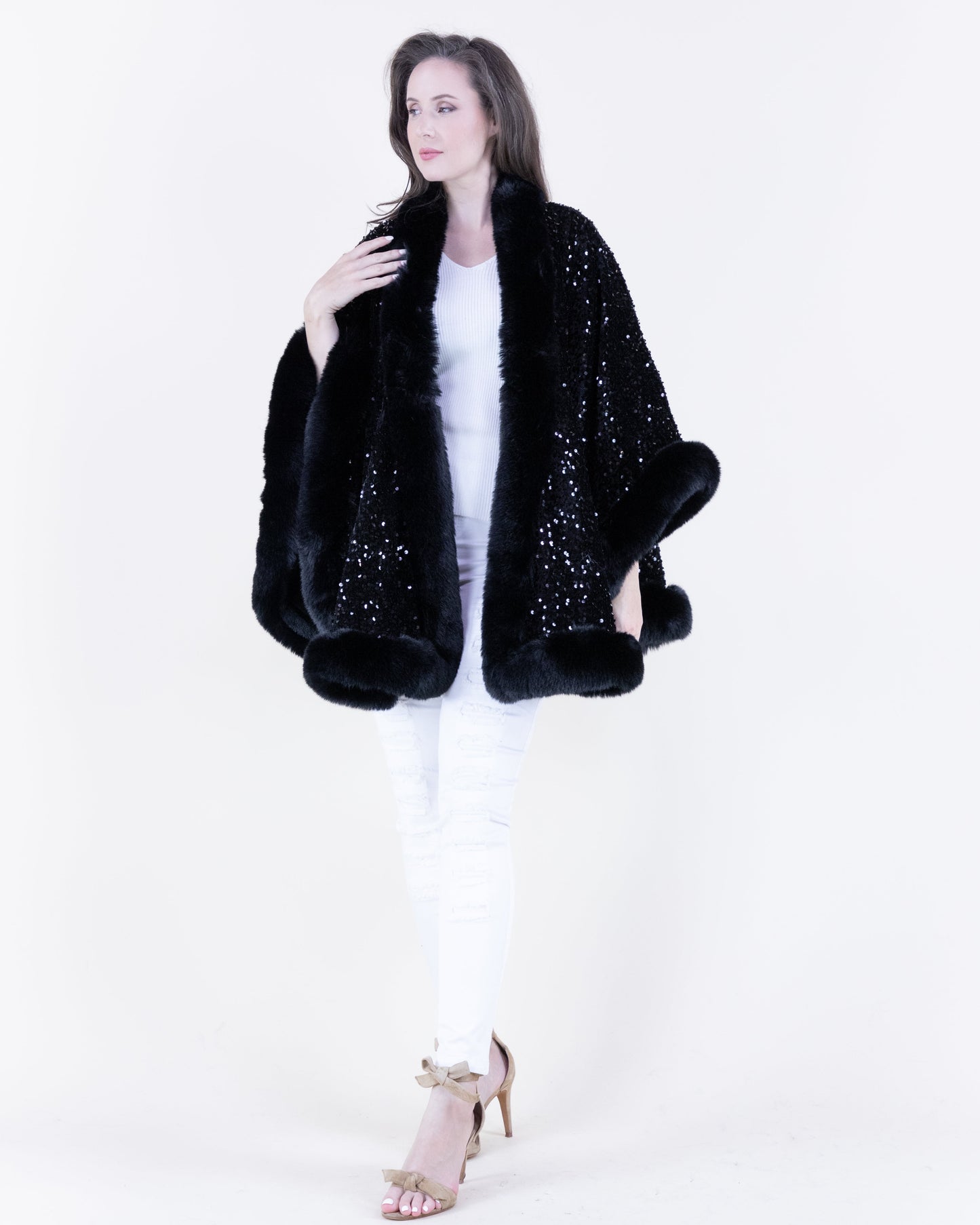 Sequin Faux Fur Trim Cape