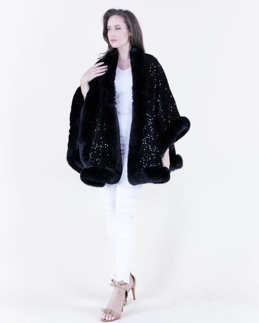 Sequin Faux Fur Trim Cape