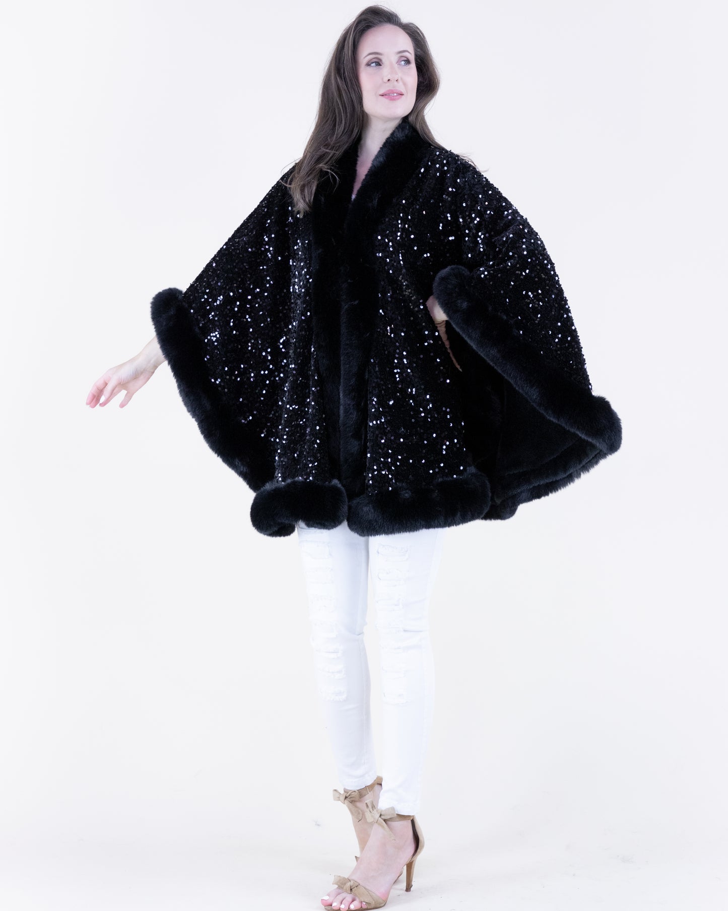 Sequin Faux Fur Trim Cape