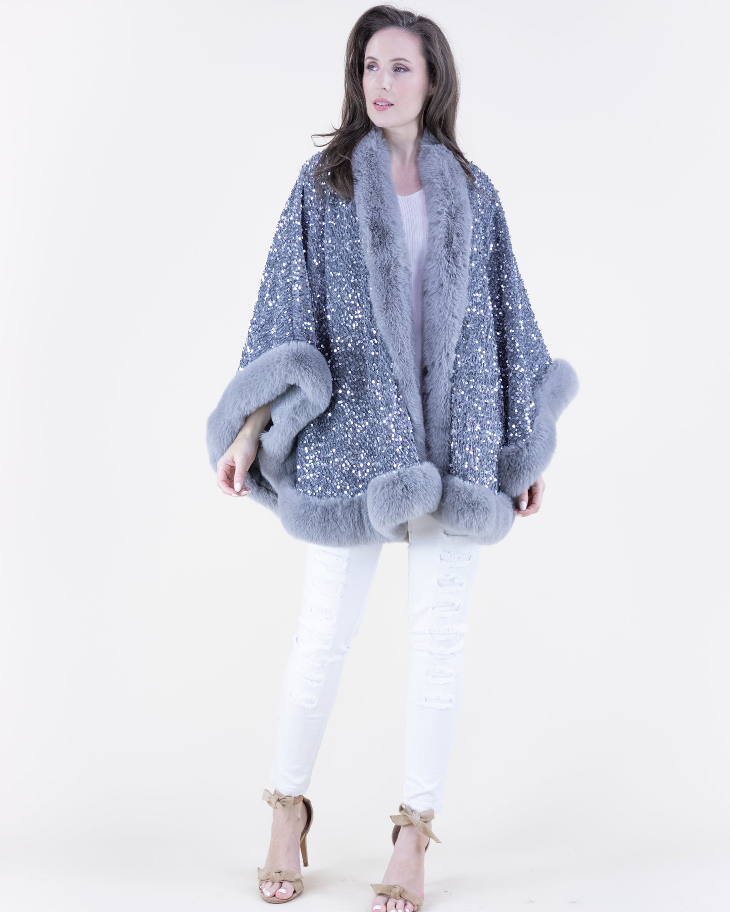 Sequin Faux Fur Trim Cape