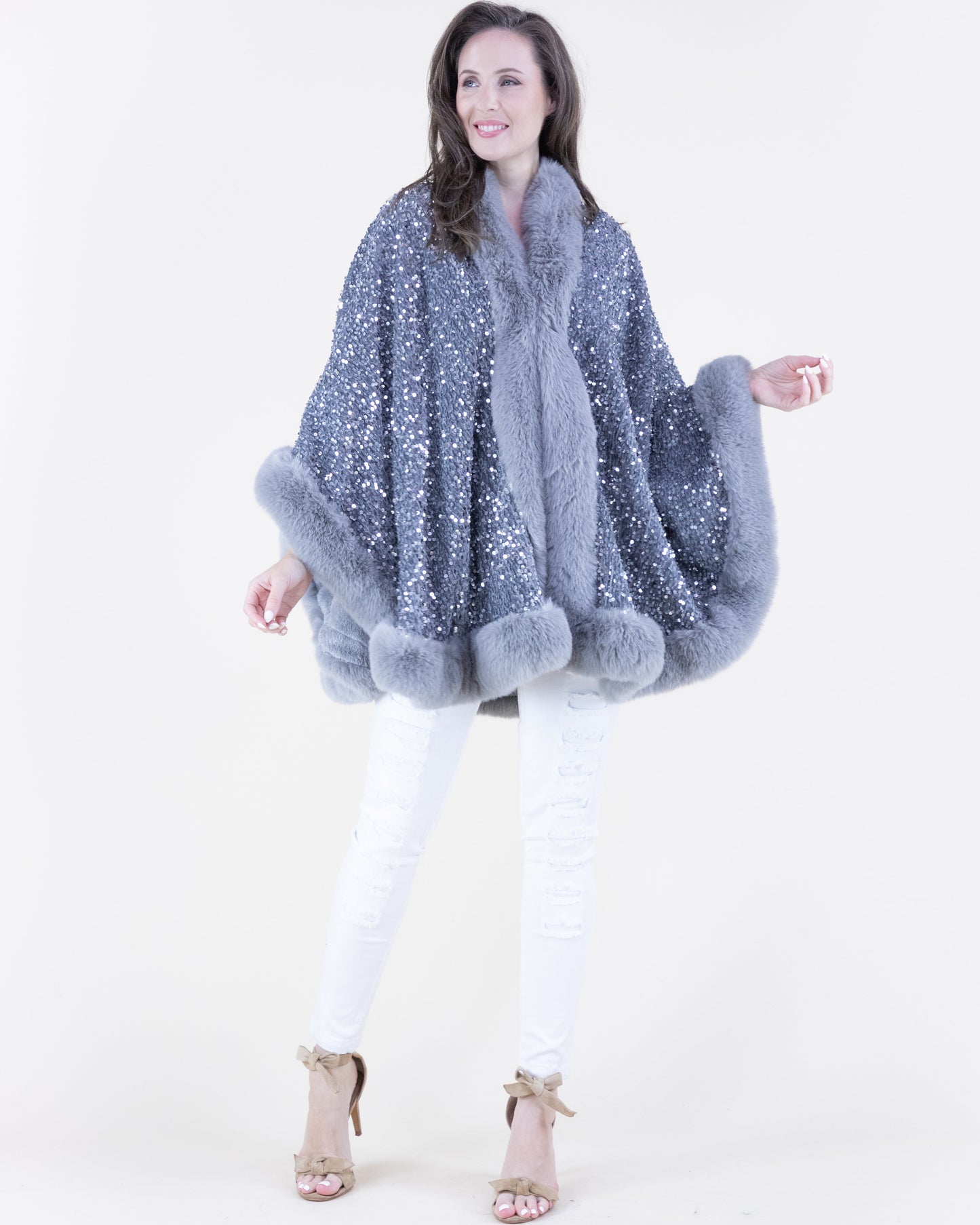 Sequin Faux Fur Trim Cape