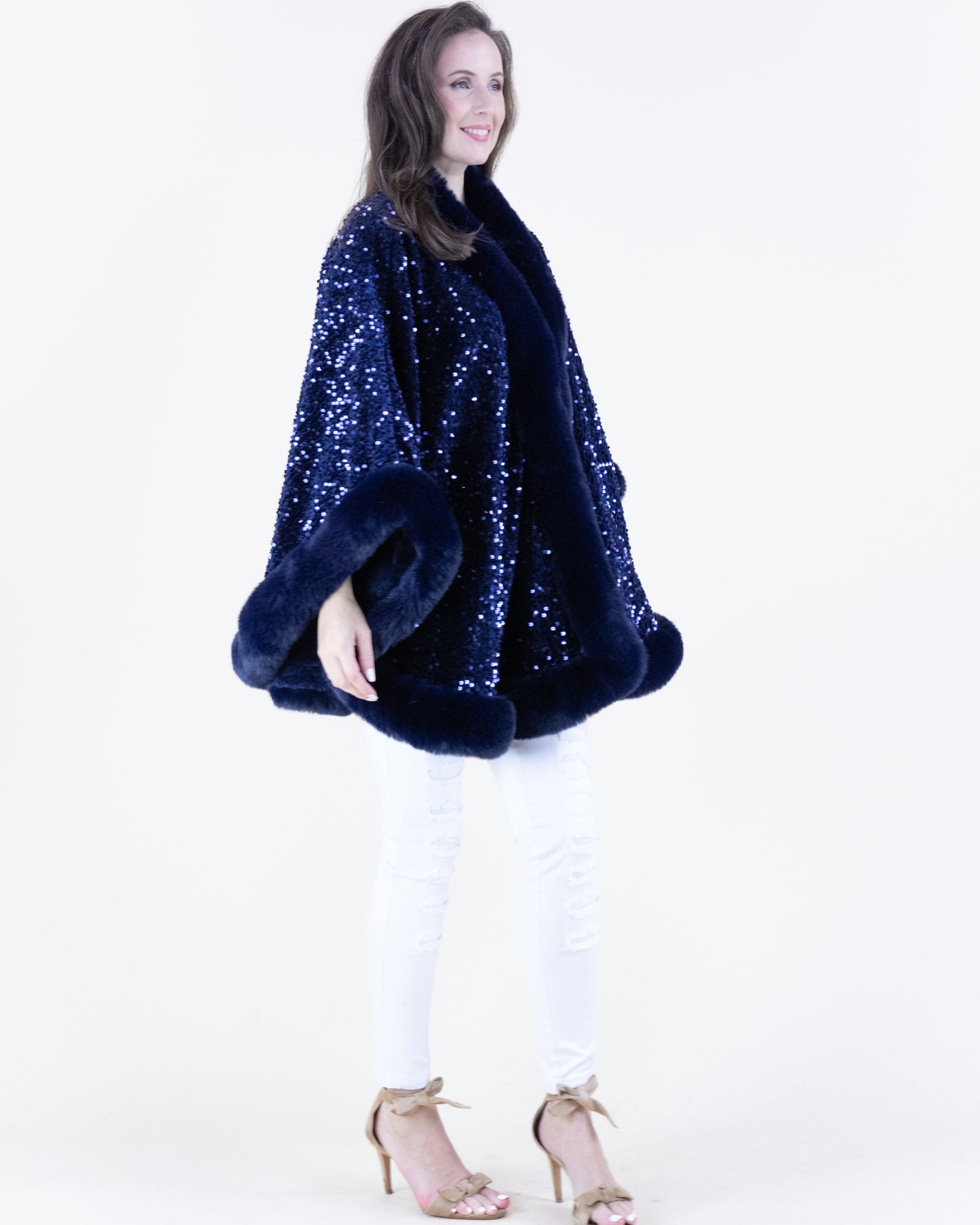 Sequin Faux Fur Trim Cape