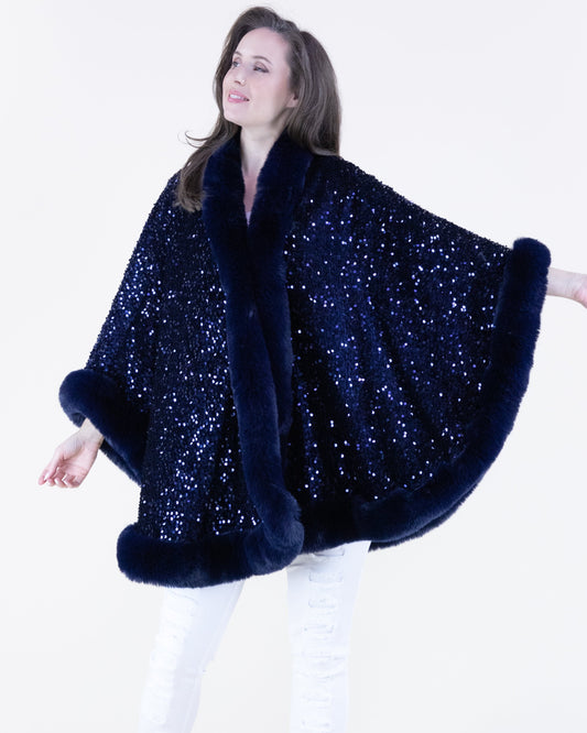 Sequin Faux Fur Trim Cape