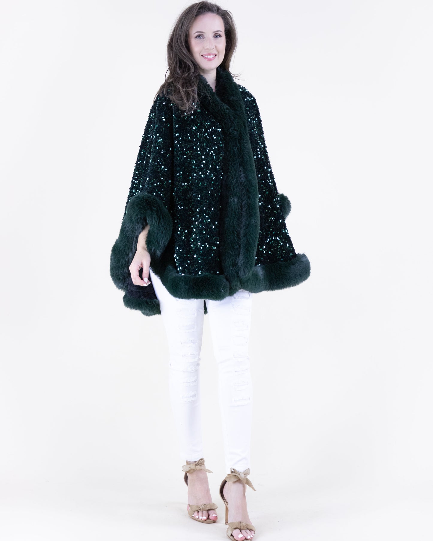 Sequin Faux Fur Trim Cape
