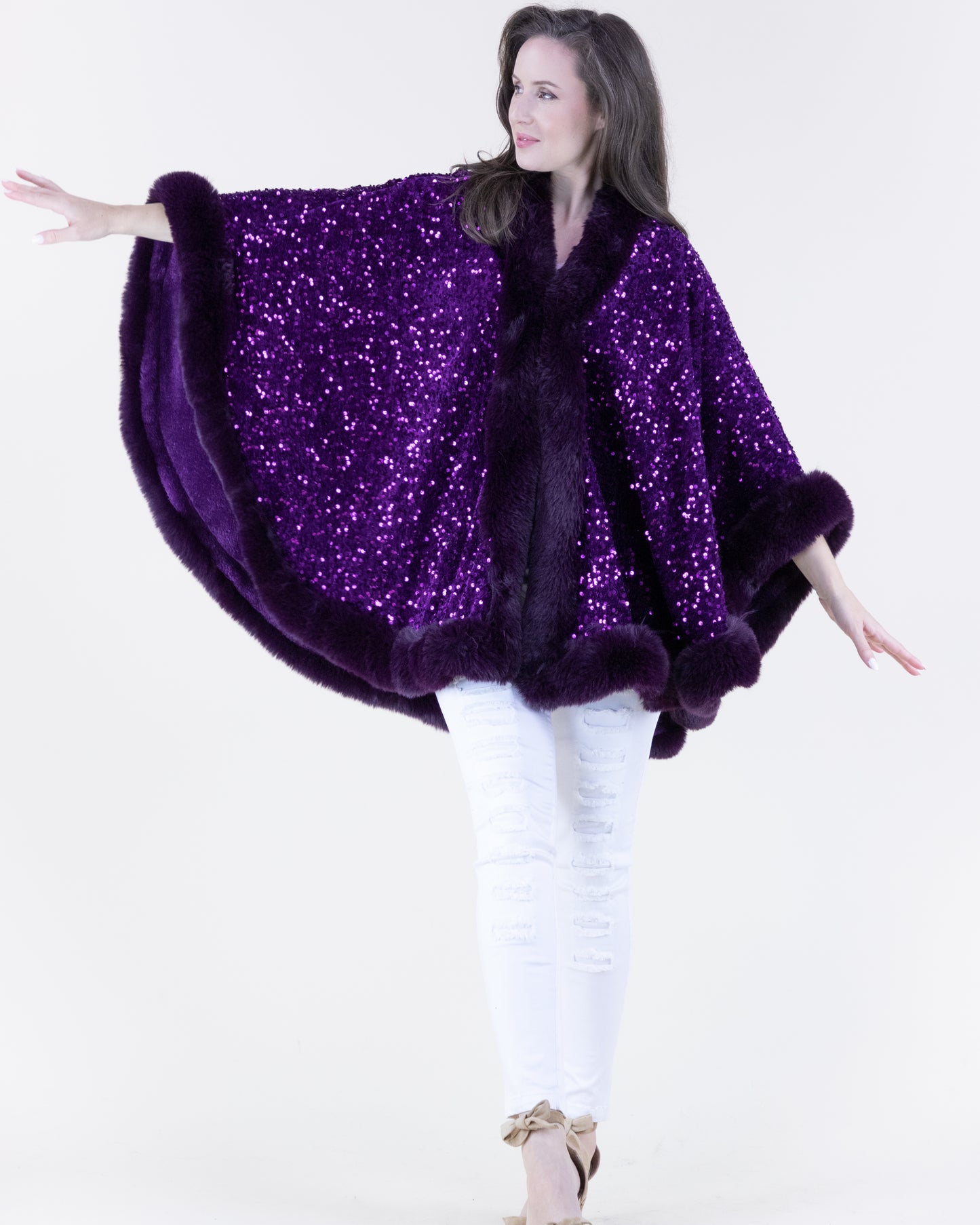 Sequin Faux Fur Trim Cape
