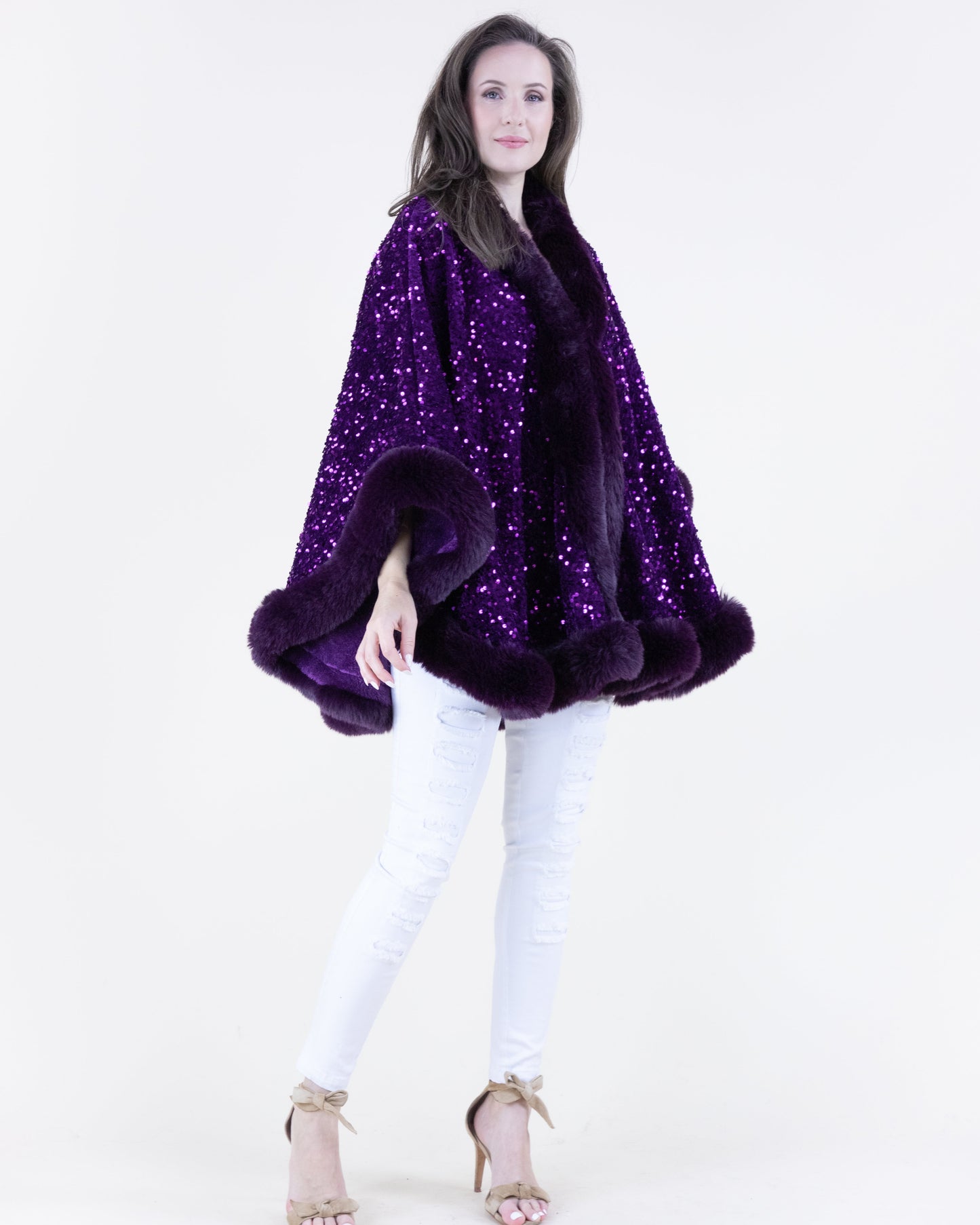 Sequin Faux Fur Trim Cape