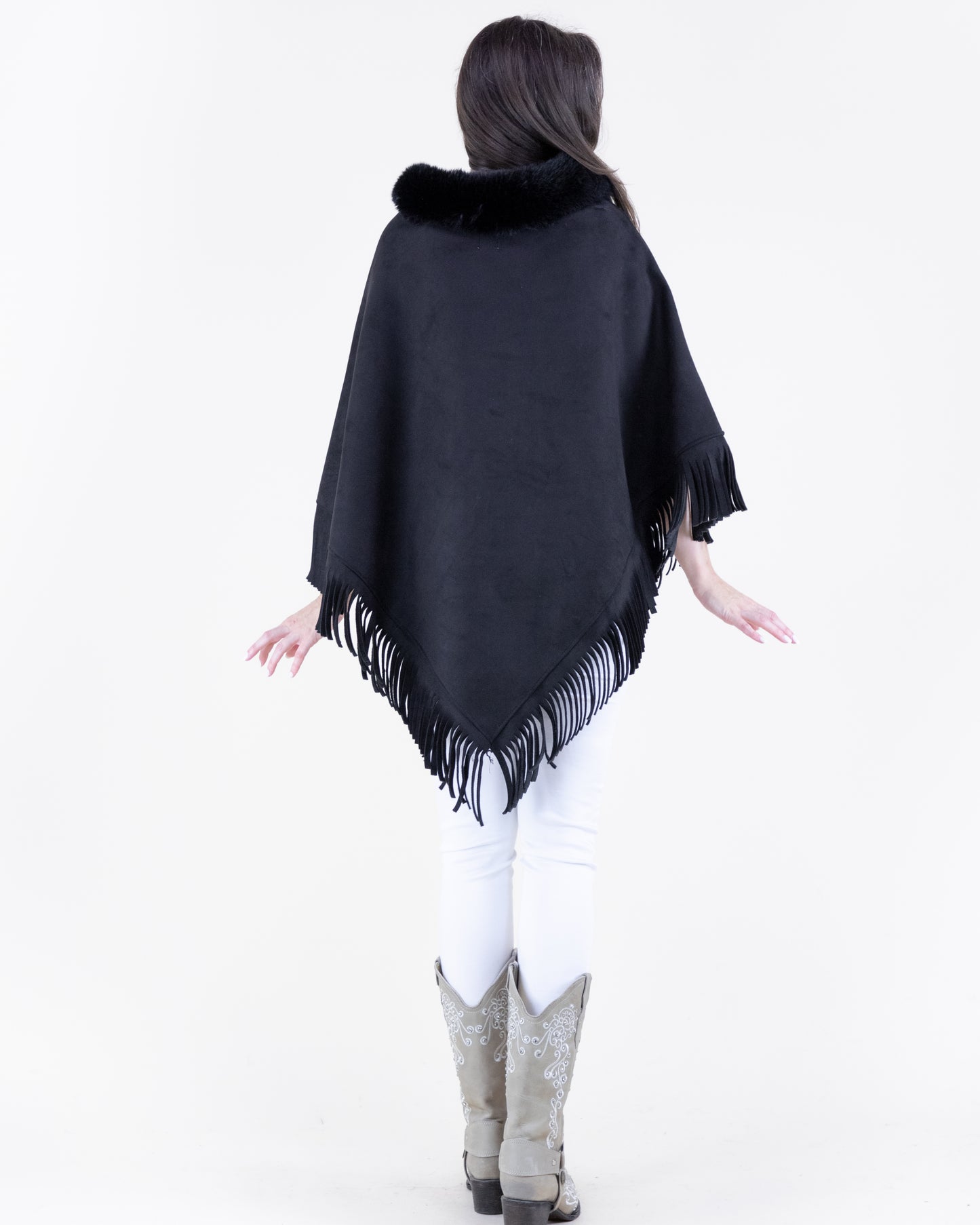 Vegan Suede & Fur Trim Poncho w/ Fringe