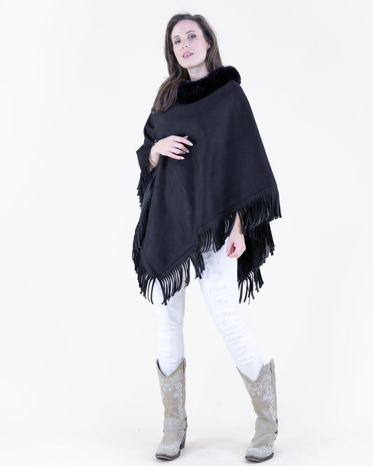 Vegan Suede & Fur Trim Poncho w/ Fringe
