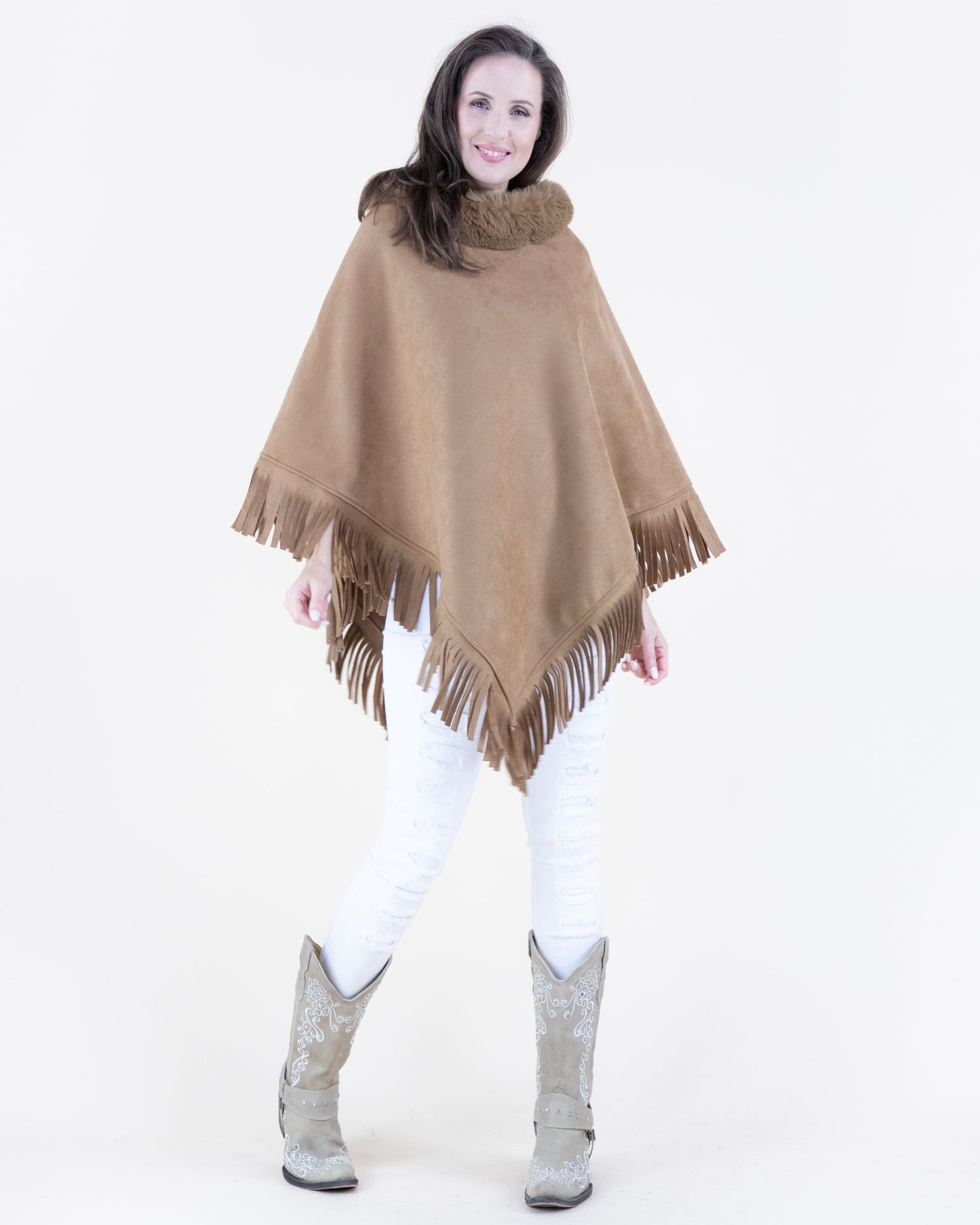 Vegan Suede & Fur Trim Poncho w/ Fringe