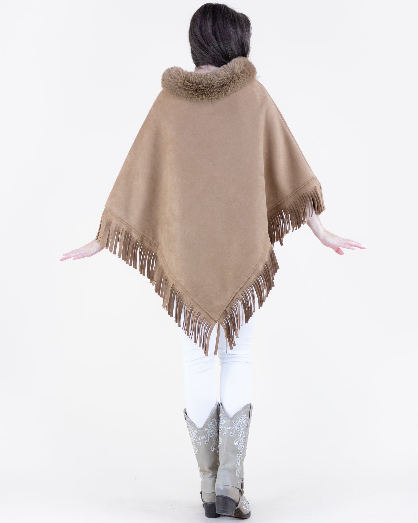 Vegan Suede & Fur Trim Poncho w/ Fringe