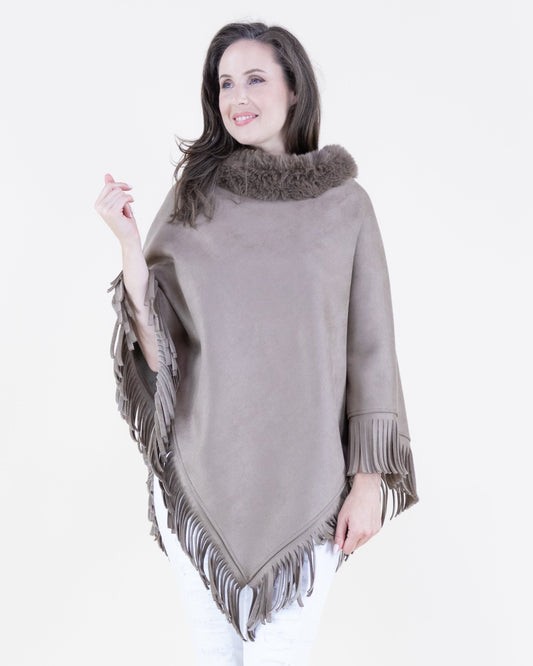 Vegan Suede & Fur Trim Poncho w/ Fringe