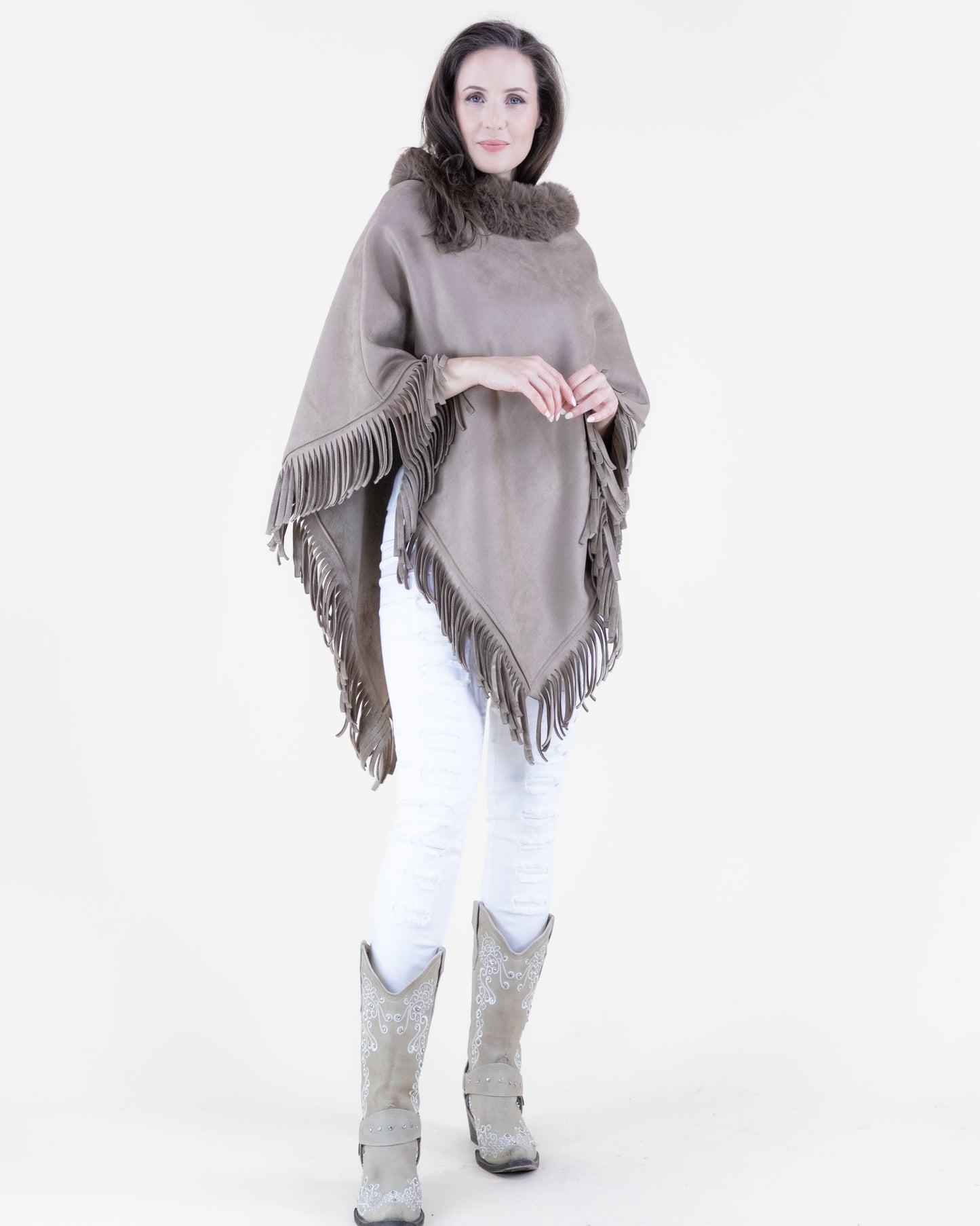Vegan Suede & Fur Trim Poncho w/ Fringe