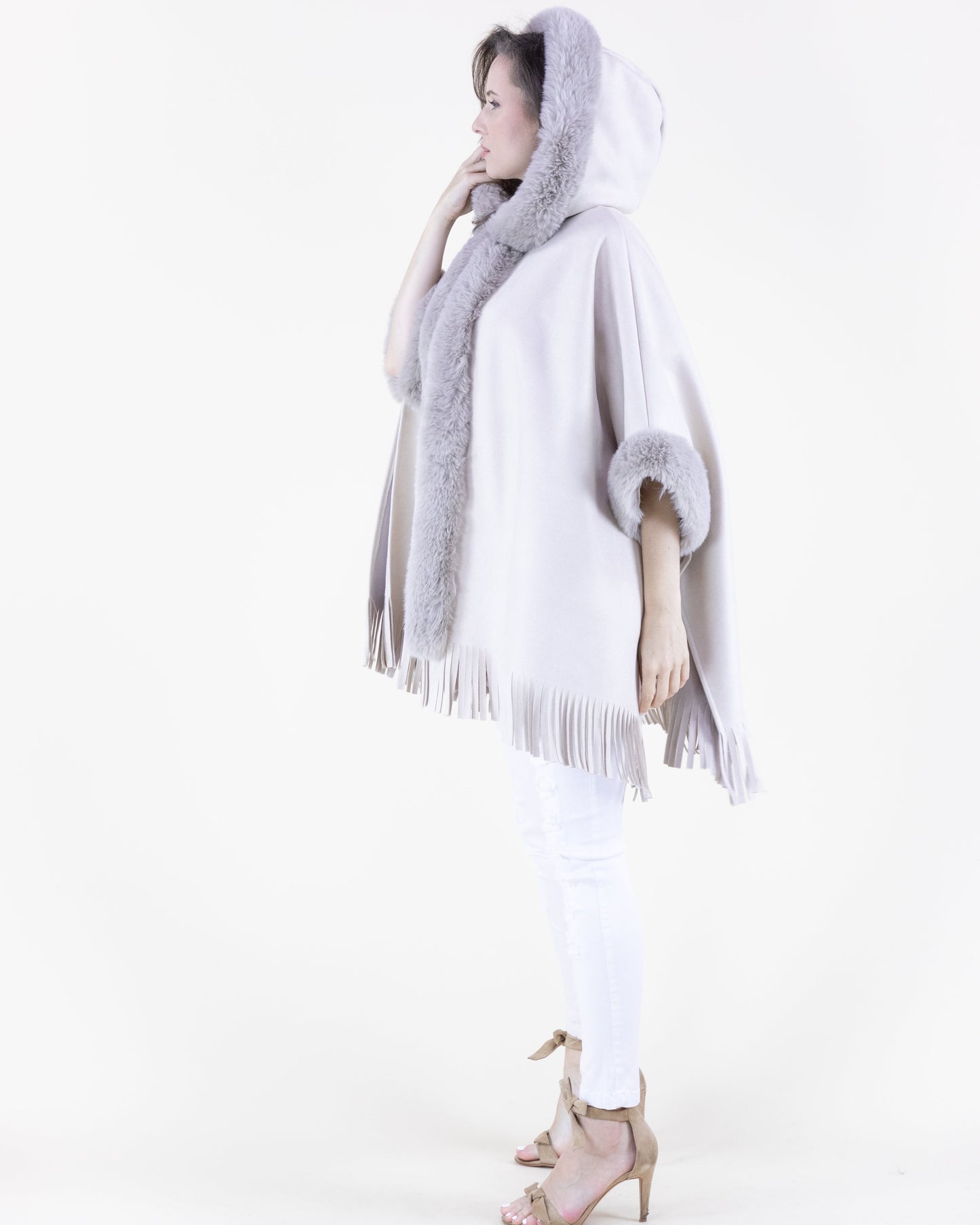 Vegan Suede & Fur Trim Hooded Cape w/ Fringe