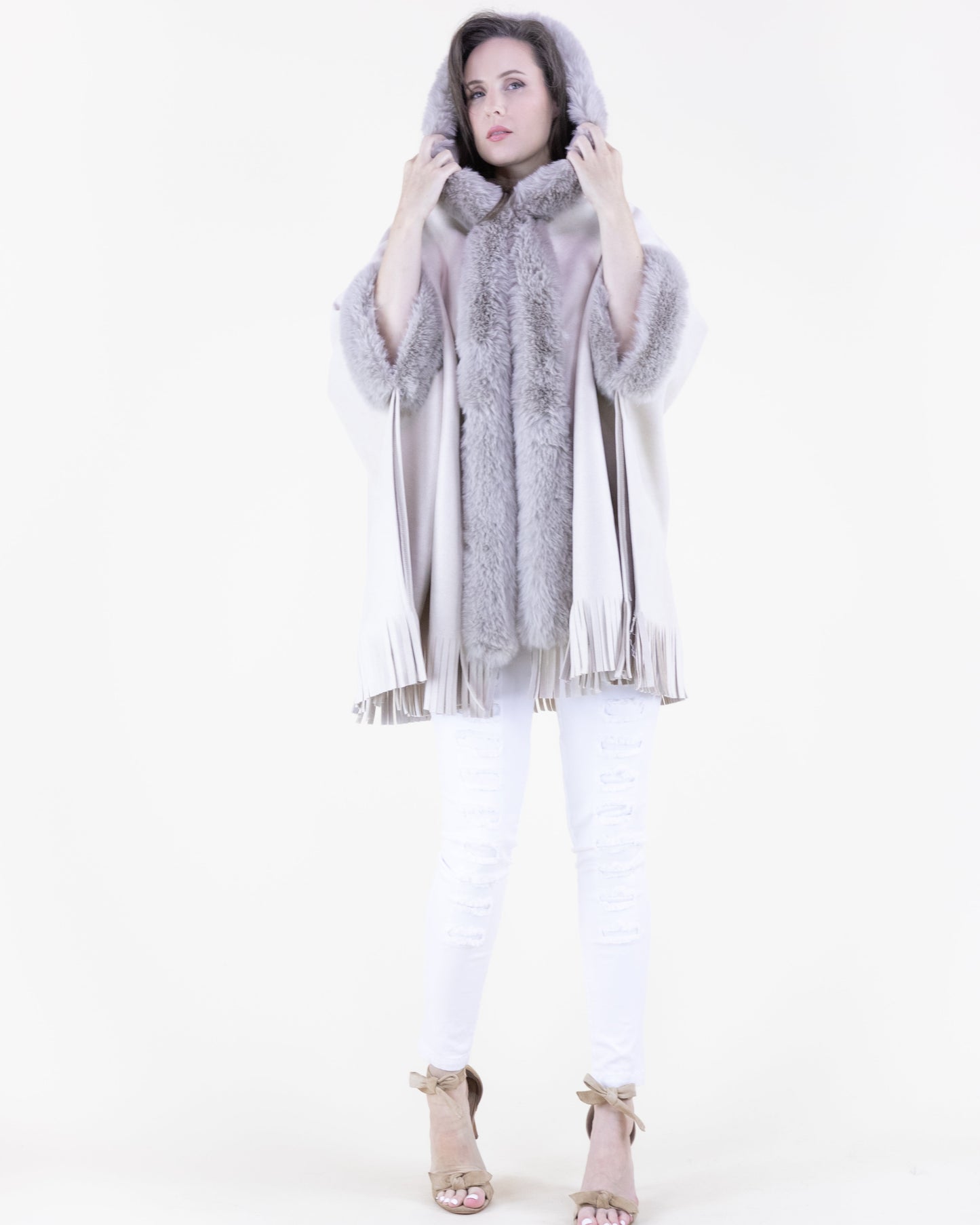 Vegan Suede & Fur Trim Hooded Cape w/ Fringe
